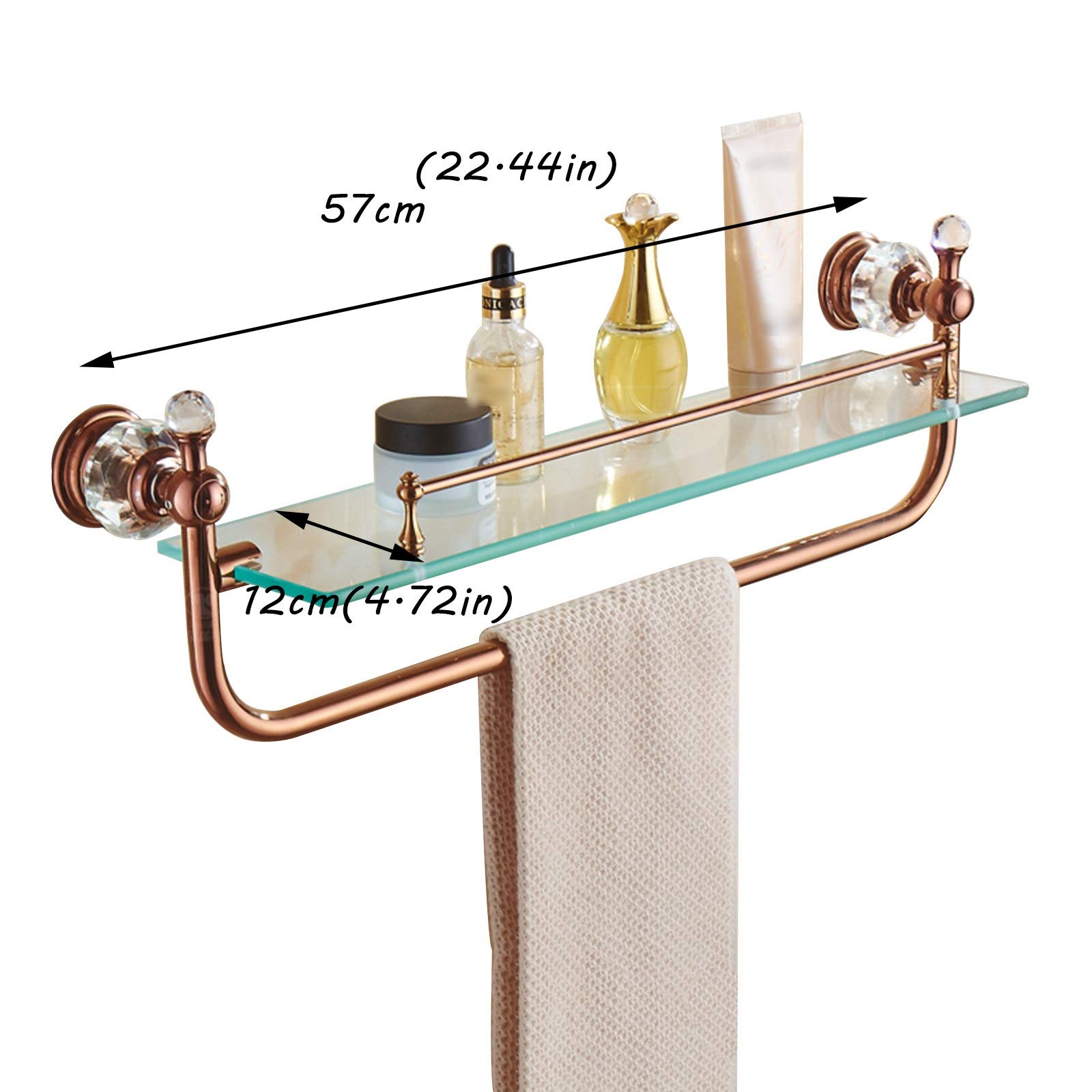 XXIOJUN 57x12cm Gold Tempered Glass Bathroom Shelf - Wall Mounted with Towel Bar, 10kg Load Capacity - Perfect for Shower, Vanity & Bathroom Organization (3 Colors Available)