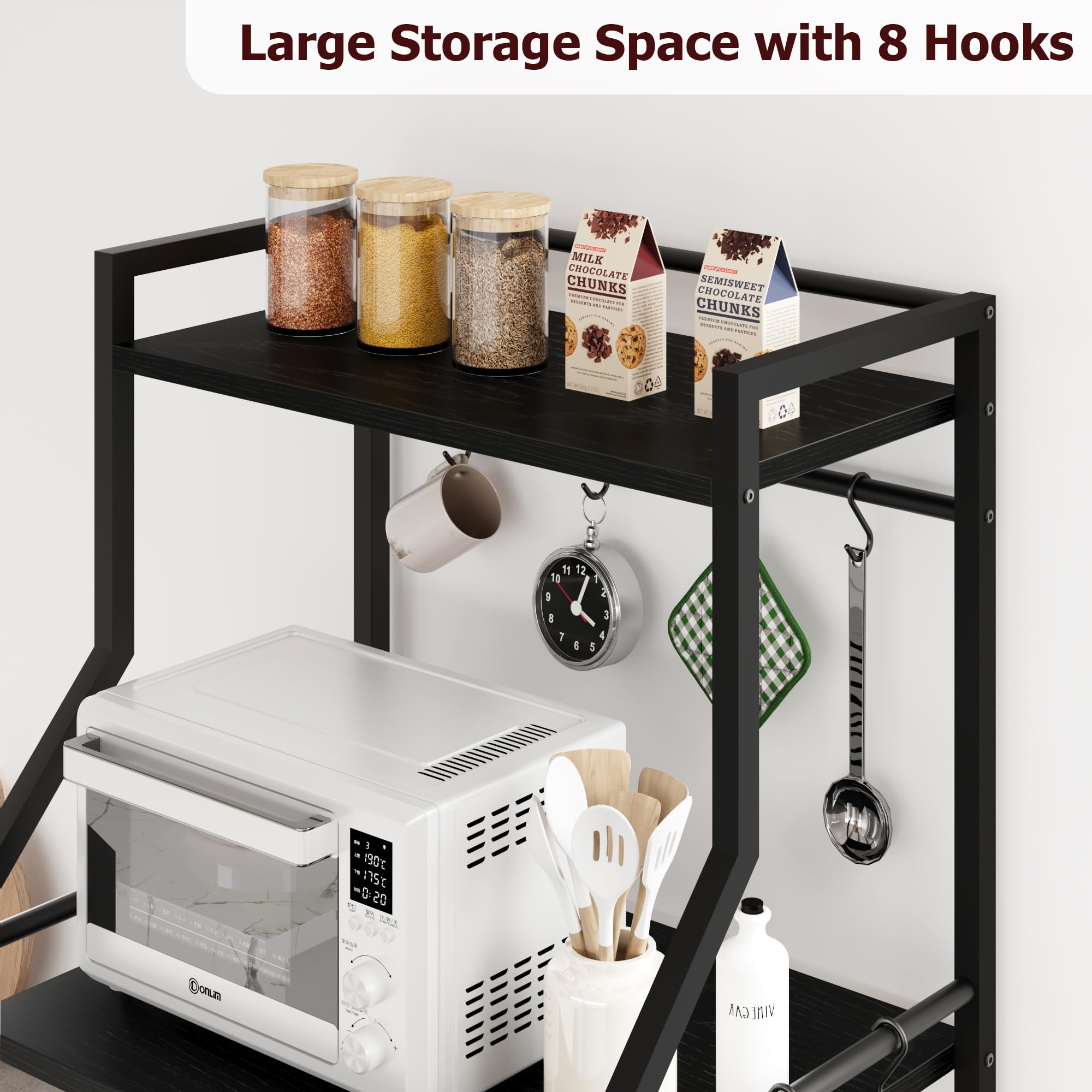 IDEALHOUSE 5-Tier Kitchen Bakers Rack with Microwave Stand - Industrial Coffee Bar Station with 2 Large Wire Baskets & 8 Hooks - Rustic Black Storage Shelf for Spices, Pots & Kitchen Organization - Perfect for Small Spaces, Apartments & Coffee Bar Setups