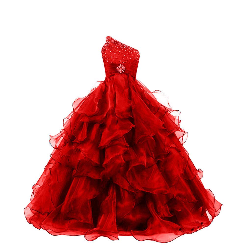 VeraQueen Girls One Shoulder Beaded Organza Pageant Dress - A-Line Sleeveless Long Ball Gown for Prom, Quinceañera, Wedding Party - Red Formal Evening Gown for Teen Girls