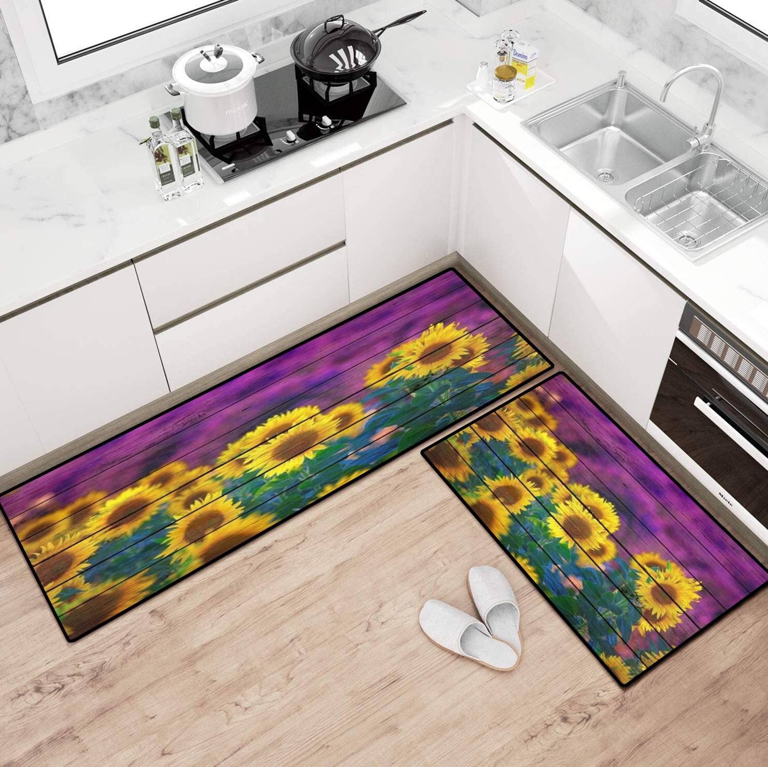 2-Piece Sunflower & Lavender Field Non-Slip Kitchen Rugs Set - Farmhouse Style Runner Mats for Floor Protection, Comfortable Standing - Perfect for Country Kitchen, Entryway & High Traffic Areas