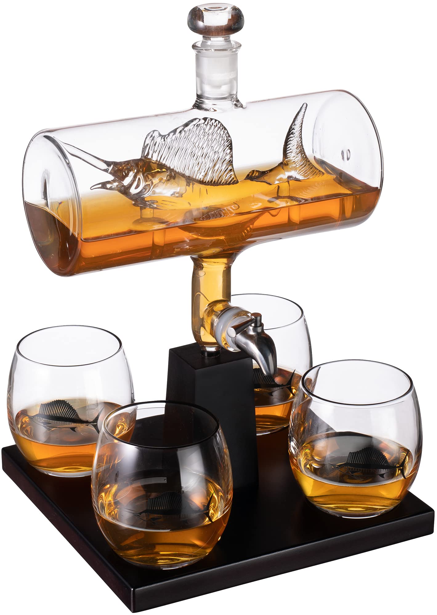 Premium Swordfish & Sailfish Whiskey Decanter Set with 4 Glasses - Fishing & Nautical Themed Bourbon Scotch Liquor Dispenser - Unique Gifts for Fishermen, Dads & Boat Enthusiasts - Perfect for Home Bars, Man Caves & Fishing-Themed Parties
