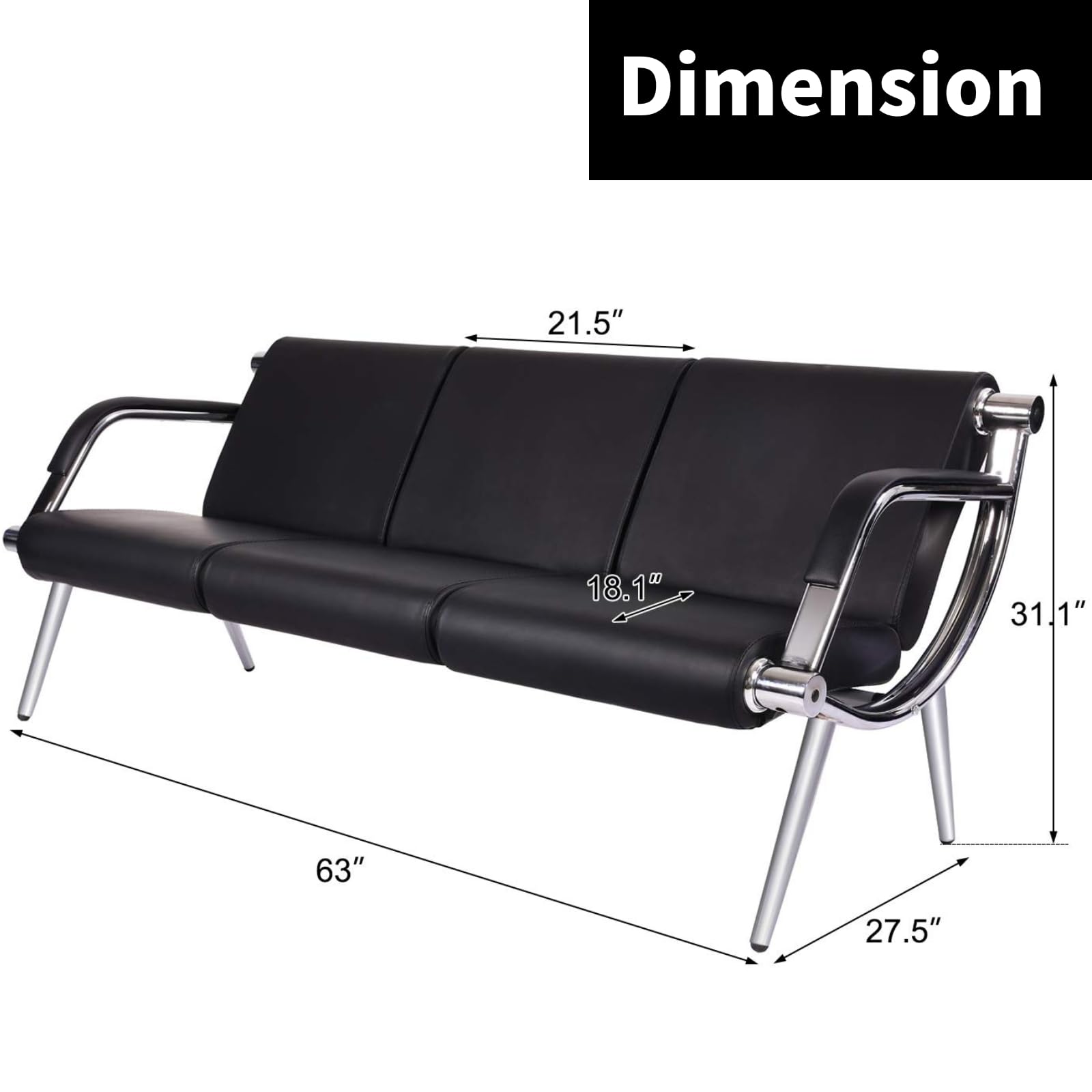 Kinsuite 3-Seat Office Reception Waiting Room Sofa - Black PU Leather Guest Chairs for Salon, Barber Shop, Airport, Bank Lobby & Visitor Areas - Perfect for Professional Waiting Rooms & Reception Areas