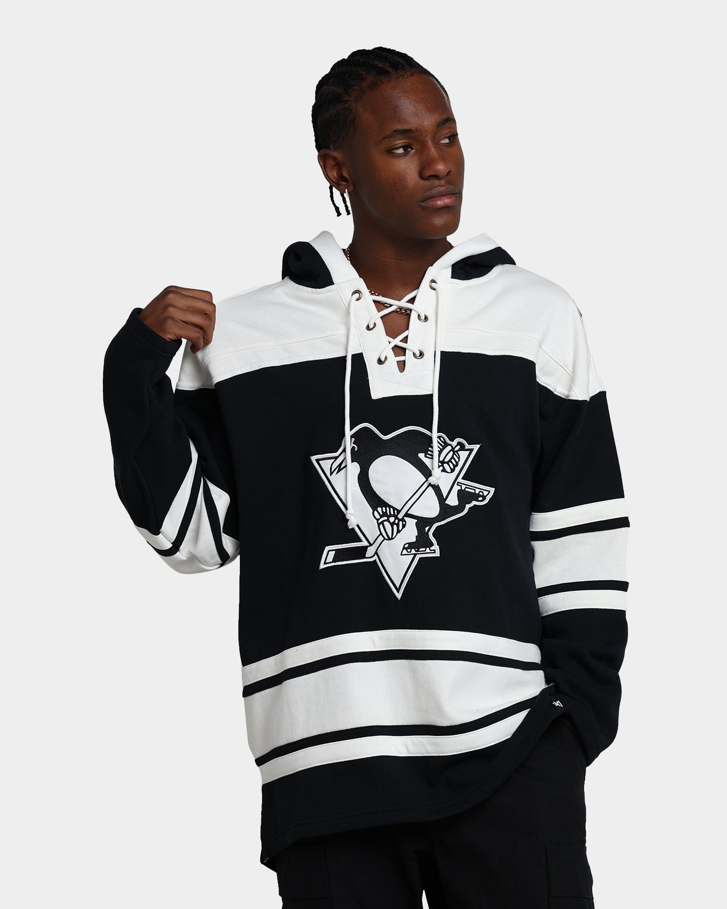 47 Brand Pittsburgh Penguins Superior Lacer Hoodie - Men's NHL Hockey Team Pullover Sweatshirt (Jet Black) - Perfect for Game Day, Casual Wear & Sports Fan Apparel