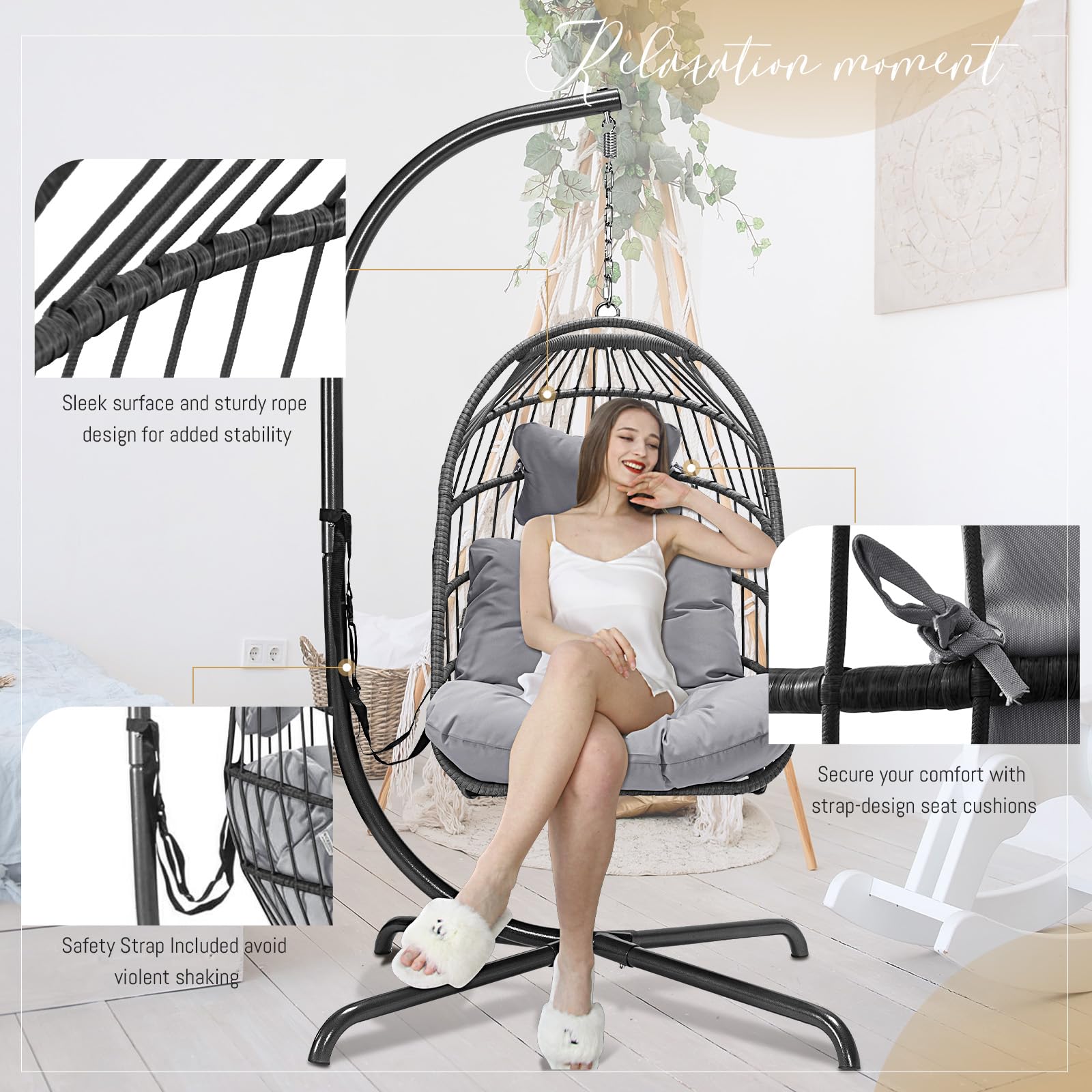 BULEXYARD Swing Egg Chair with Stand - Indoor/Outdoor Wicker Rattan Hanging Chair with UV Resistant Cushions, 350lbs Weight Capacity - Perfect for Bedroom, Balcony, Patio, Garden & Backyard Relaxation (1 Seat, Light Grey)