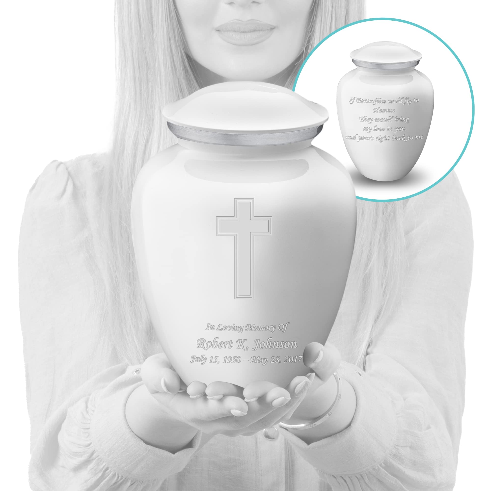 Elegant White Cremation Urn for Ashes - Personalized Double Side Engraved Funeral Urn for Adults, Men & Women - Holds 200 lbs - Perfect for Memorial Services & Home Display