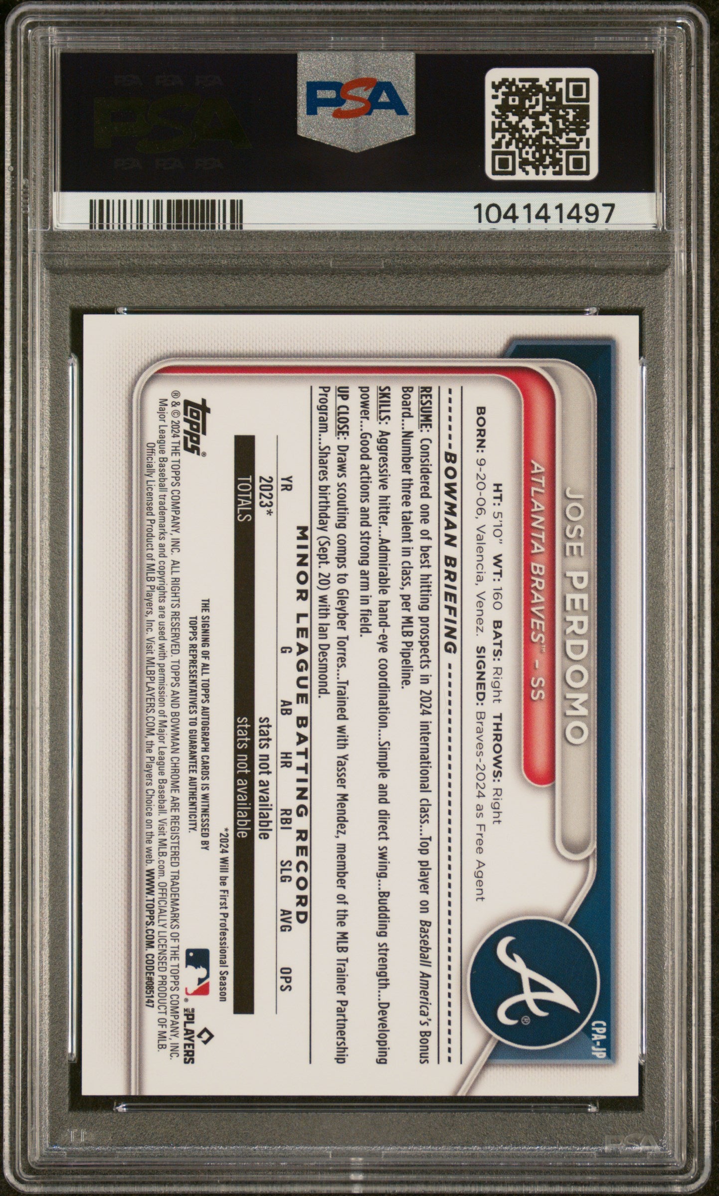 2024 Bowman Chrome Jose Perdomo 076/299 Speckle Refractor Auto #CPAJP PSA 10 Graded Baseball Card - Perfect for Collectors, Investors & Sports Memorabilia Enthusiasts