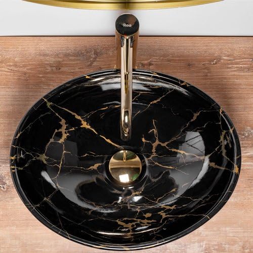 REMOTION Oval Ceramic Bathroom Sink - Glossy Black Gold Countertop Wash Basin for Vanity, Powder Room & Guest Bath | Modern Oval Shape Vessel Sink for Bathroom Decor & Home Renovation Projects