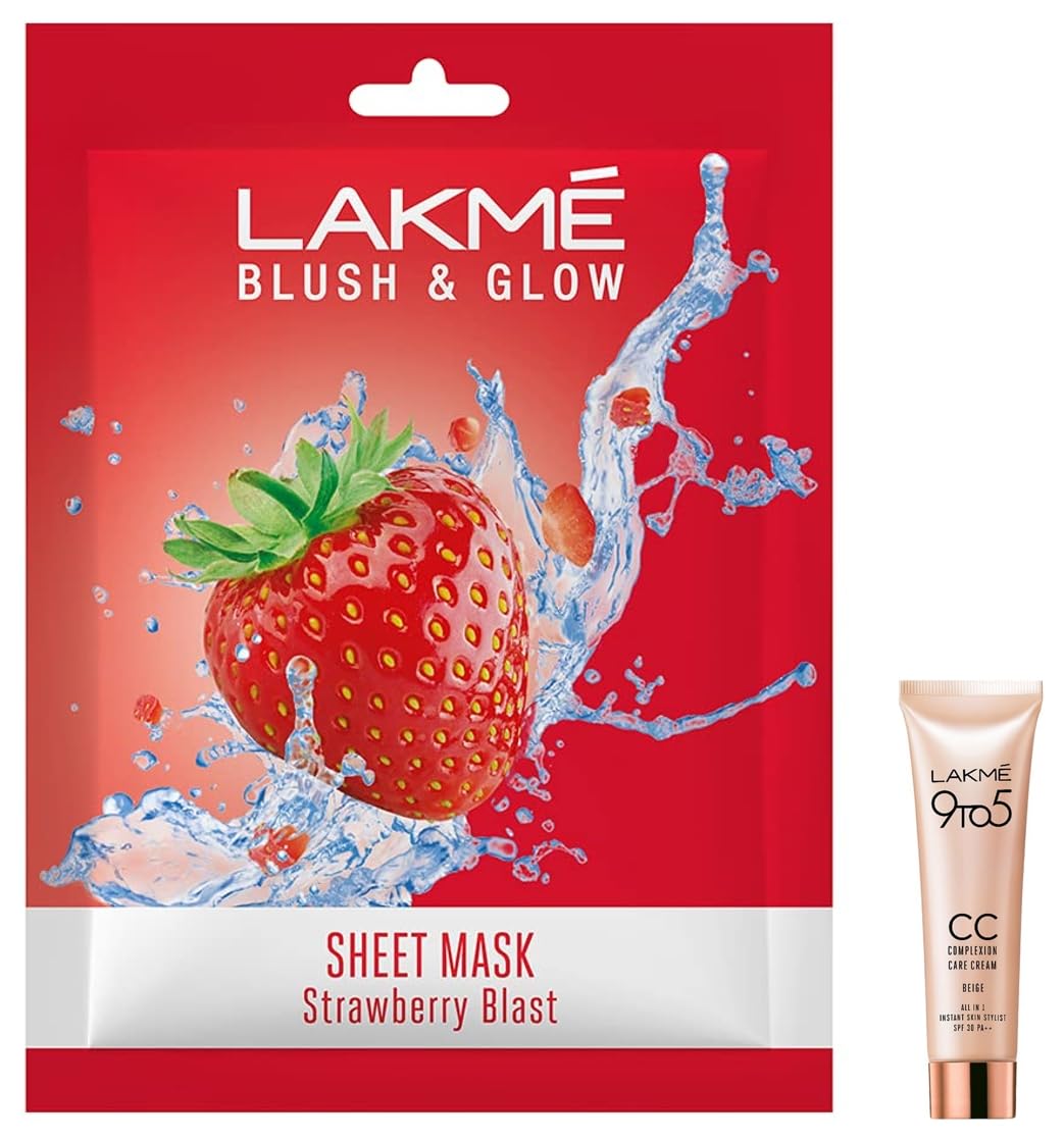 LAKMÉ 9 To 5 CC Cream Mini - Lightweight Beige Tinted Moisturizer with SPF 30 for All Skin Types | Natural Coverage & Skin Brightening Face Makeup (9g) + Lakme Blush & Glow Strawberry Sheet Mask (25ml) | Perfect for Daily Wear & Skincare Routine