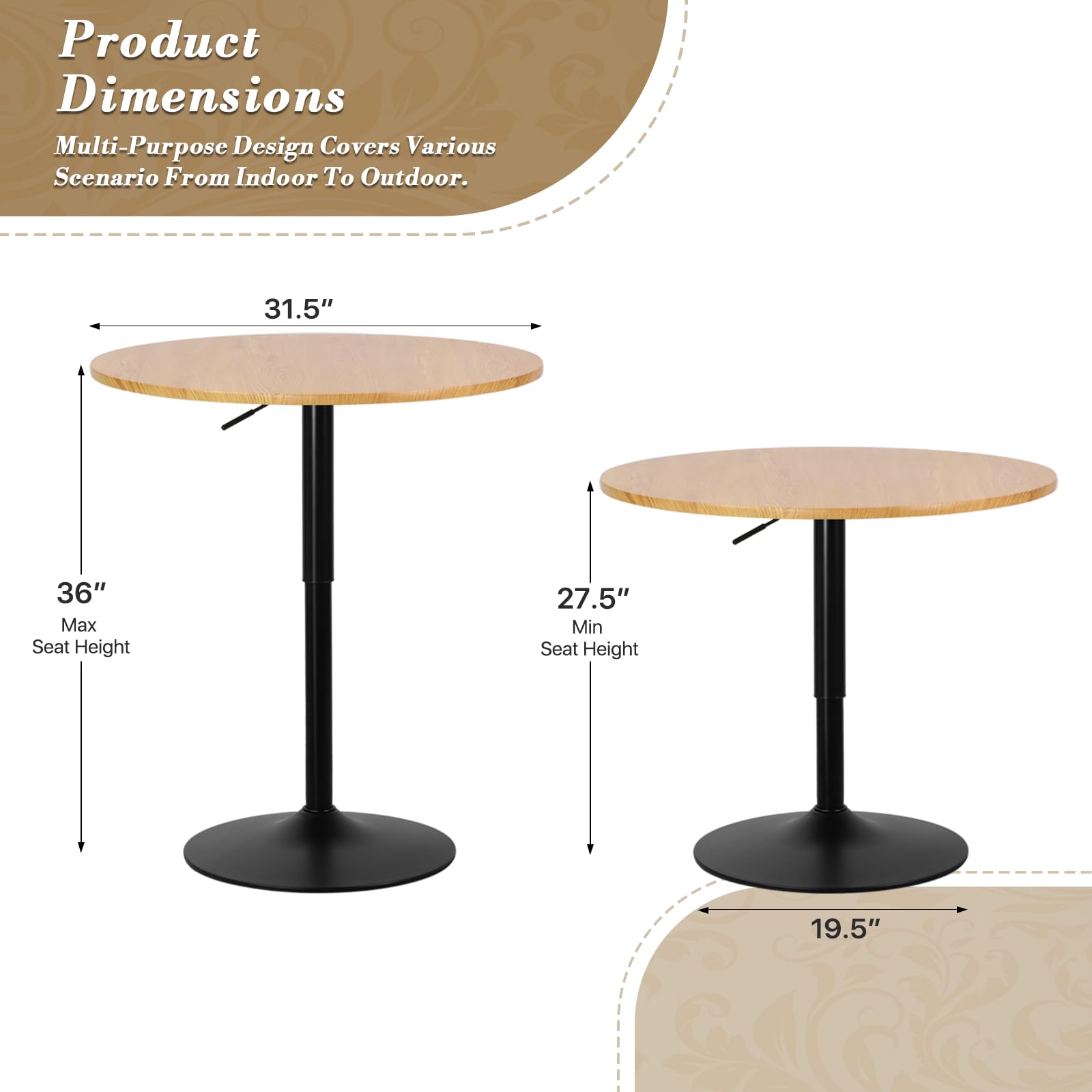 Modern Adjustable Height Round Bar Table - Tall Cocktail & Bistro Pub Table with Sturdy Base - Perfect for Home Kitchen, Restaurant & Outdoor Dining - Natural Wood Finish