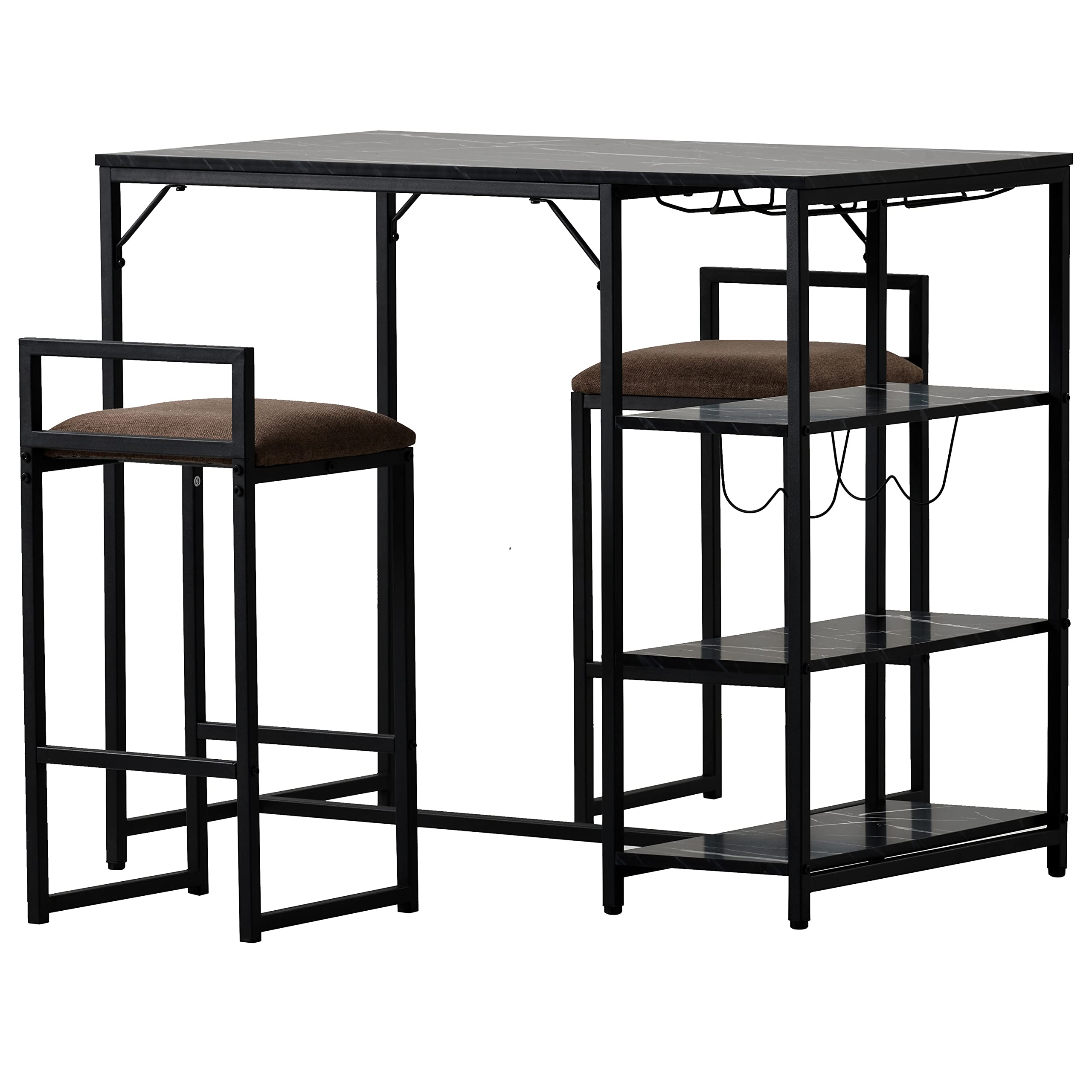 MaSYZBF 3-Piece Counter Height Pub Dining Table Set with 2 Upholstered Bar Stools, 4 Glass Holders, 2 Wine Racks & 3 Open Shelves - Perfect for Kitchen, Dining Room, Living Room & Small Space Entertaining