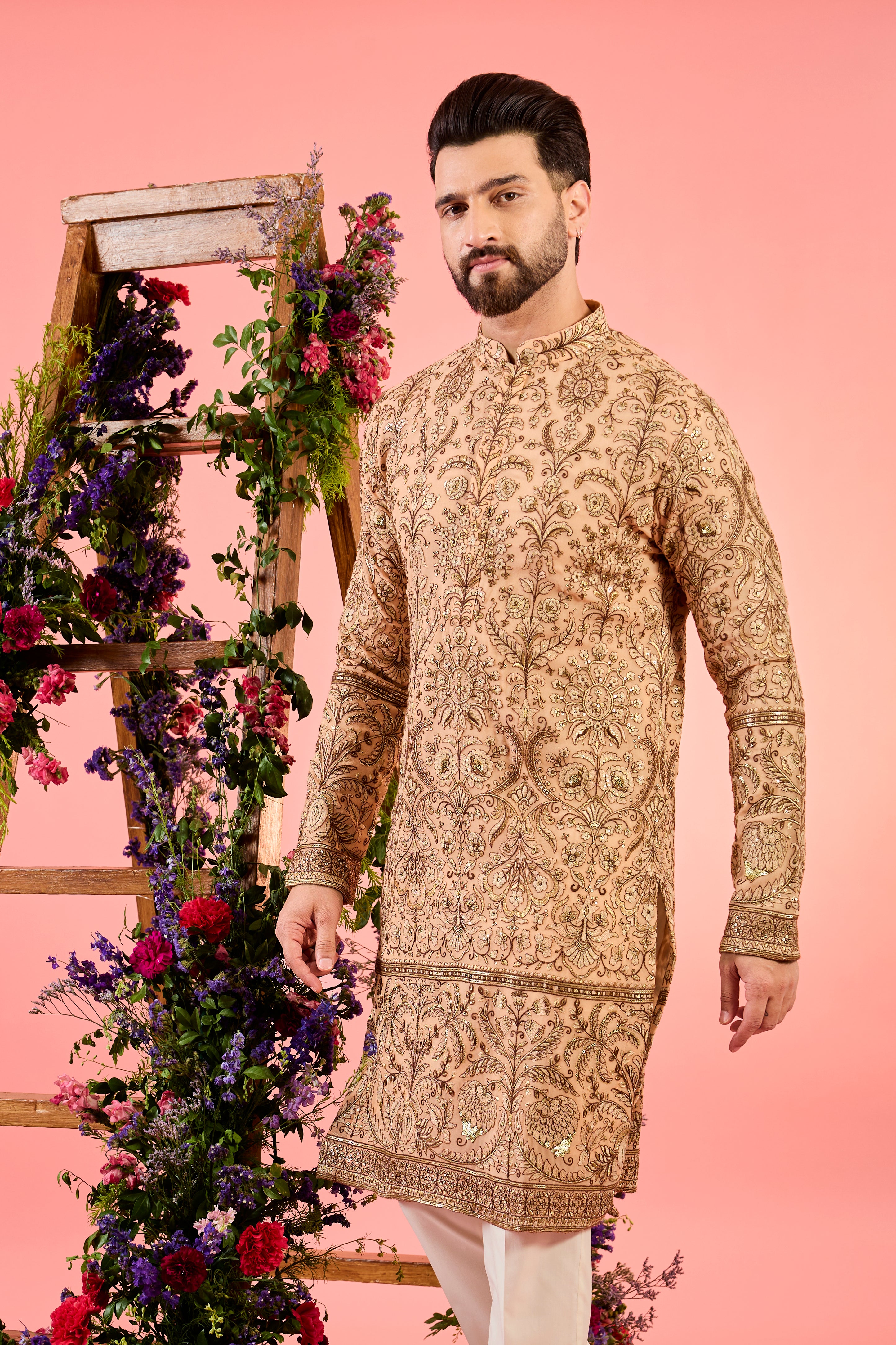 Elegant Peach Chinkari Kurta with Intricate Floral Zari Embroidery - Perfect for Festivals, Weddings & Ethnic Occasions