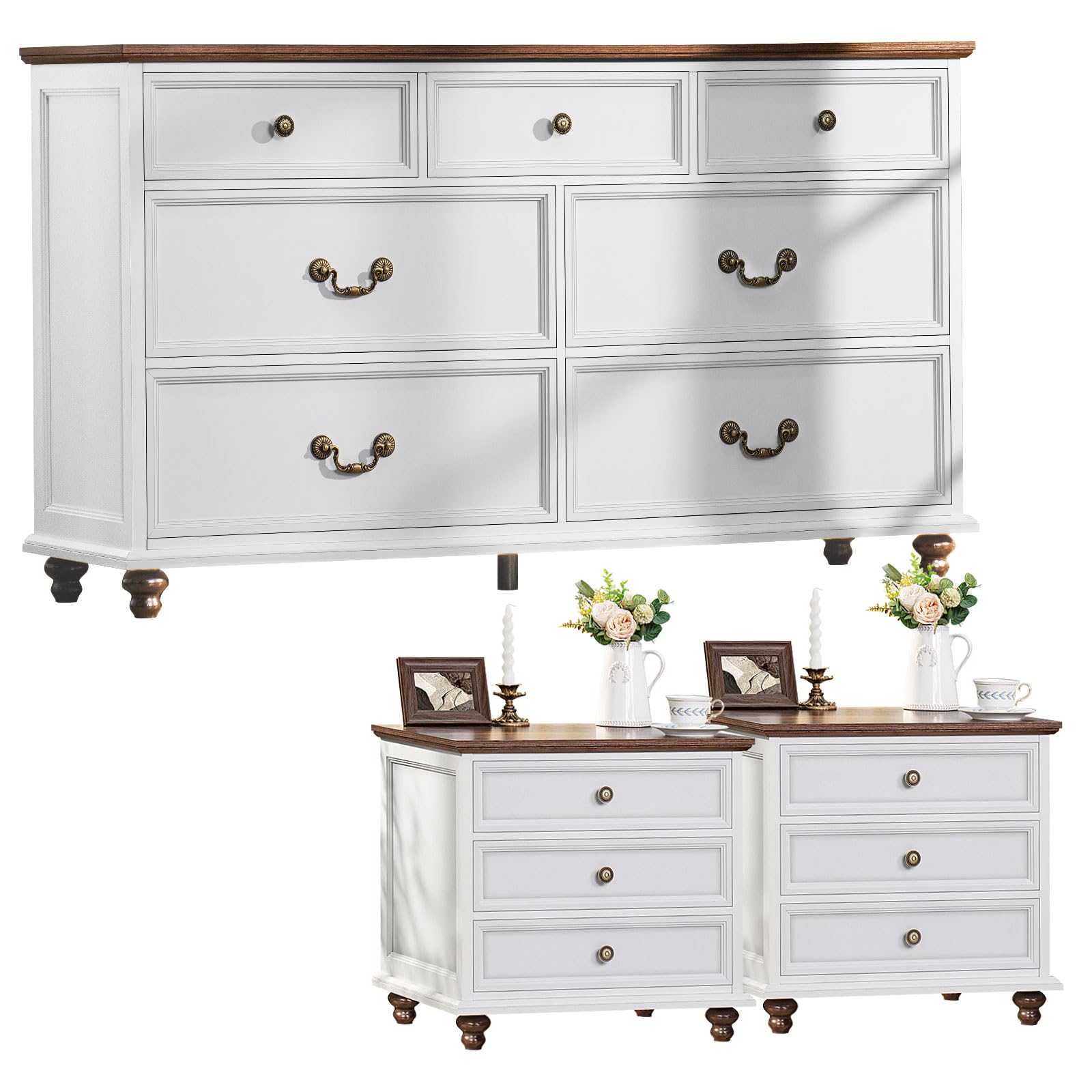 Farmhouse Dresser and Nightstand Set - 3 Piece Bedroom Furniture with 7-Drawer Dresser (54