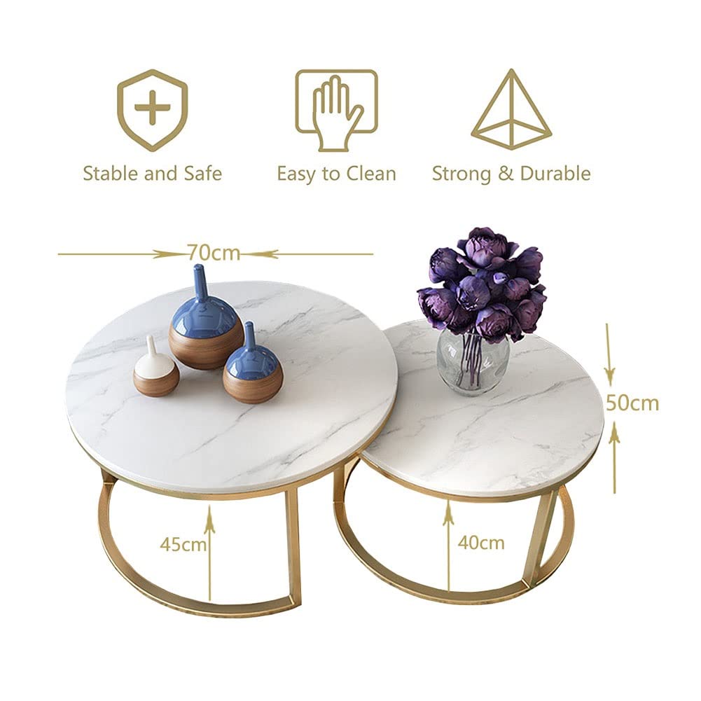 Round Nesting Coffee Table Set of 2 - White Marble Look Table Top with Metal Frame - Modern Side End Tables for Living Room, Bedroom (70+50cm) - Perfect for Snacks, Tea Time and Small Space Decor