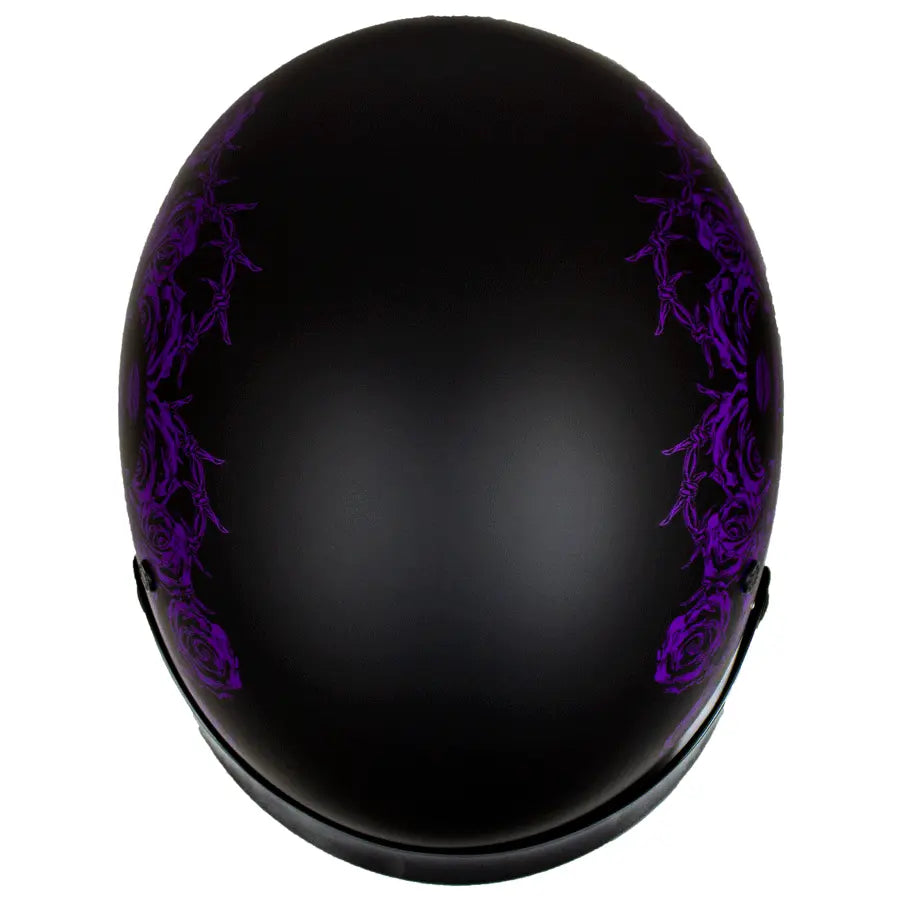 VOSS 707FRP Black Skull and Rose Half Helmet with Peak - DOT Approved Motorcycle Helmet for Men & Women - Perfect for Cruiser, Chopper, and Harley Riders
