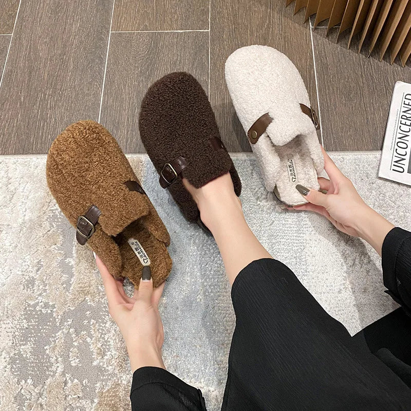 2023 Winter Warm Women's Plush Slippers - Cozy Indoor/Outdoor Flat Shoes for Home & Office - Ladies Casual Mules Size 41-43 - Perfect for Lounging, Working & Winter Comfort