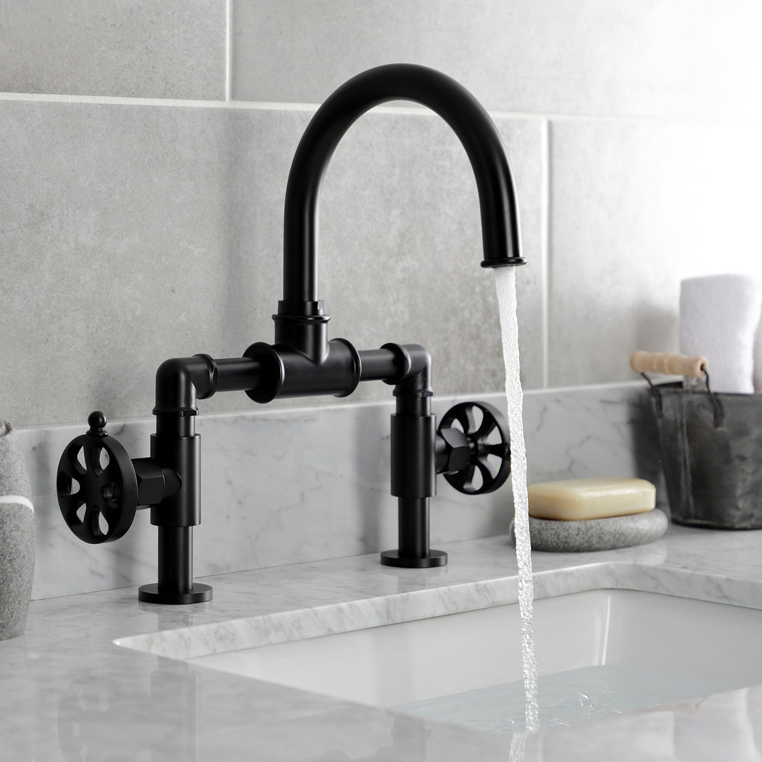 Belknap KS2170RX Matte Black 2-Handle Deck Mount Bathroom Faucet with Push Pop-Up Drain - Modern Waterfall Spout for Vanity Sink, Powder Room & Guest Bath Installation