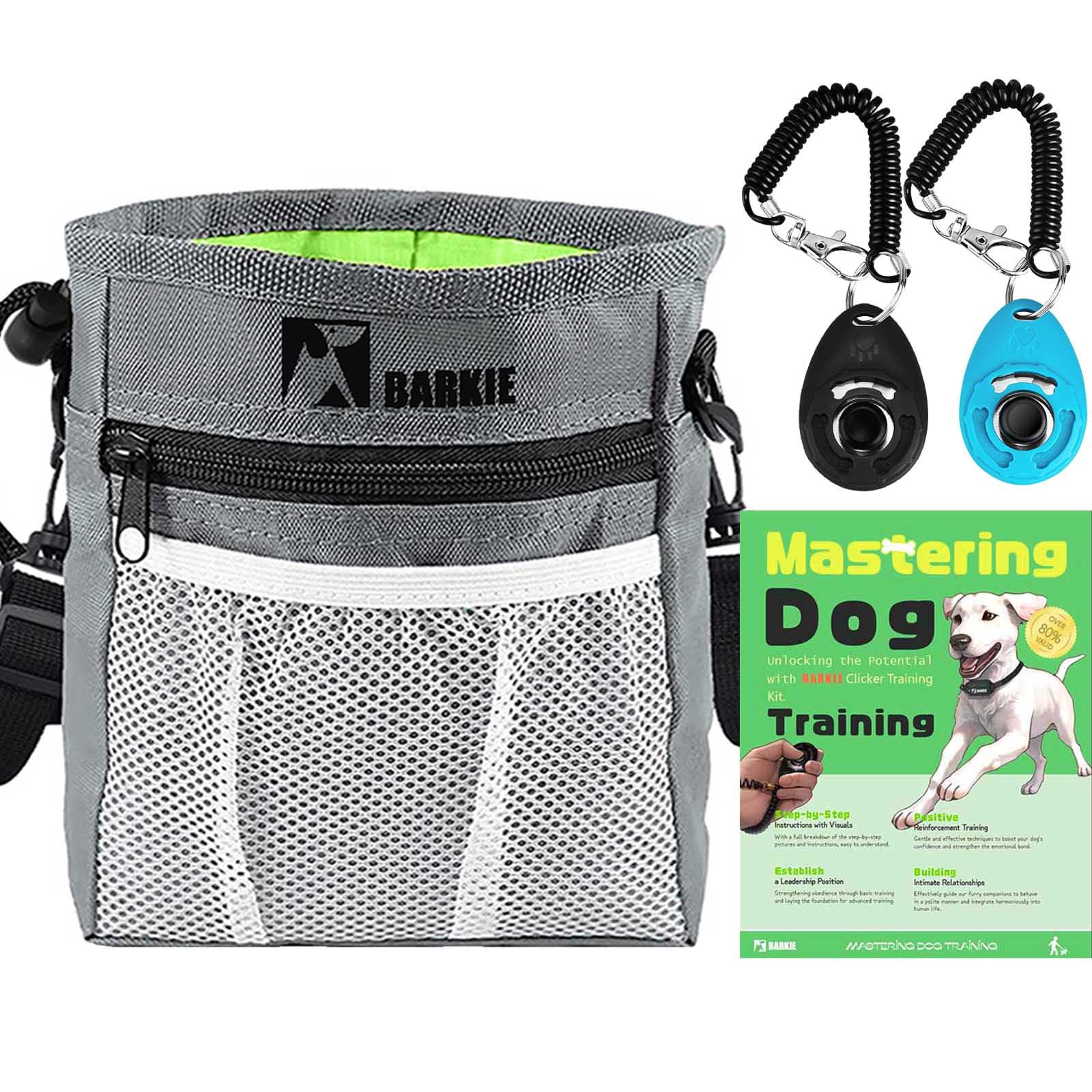 BARKIE Dog Training Kit - Treat Pouch, 2 Clickers & Positive Reinforcement Guide (Grey) | Perfect for Obedience Training, Puppy Classes & Outdoor Adventures