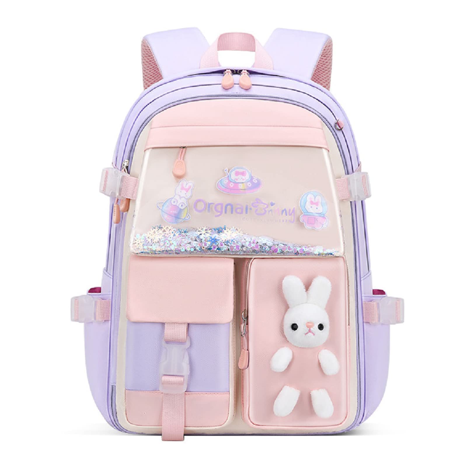 Stylish Kawaii Bunny Backpack with Cute Pins & Accessories - Preppy Aesthetic School Bag for Girls (Purple) | Perfect for School, Travel & Anime Conventions