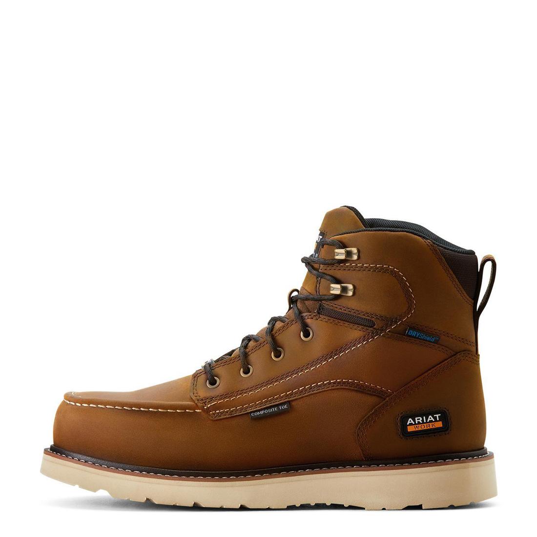 6 Inch Composite Toe Waterproof Moc Toe Wedge Work Boots for Men - Distressed Brown Safety Shoes for Construction, Landscaping & Outdoor Work