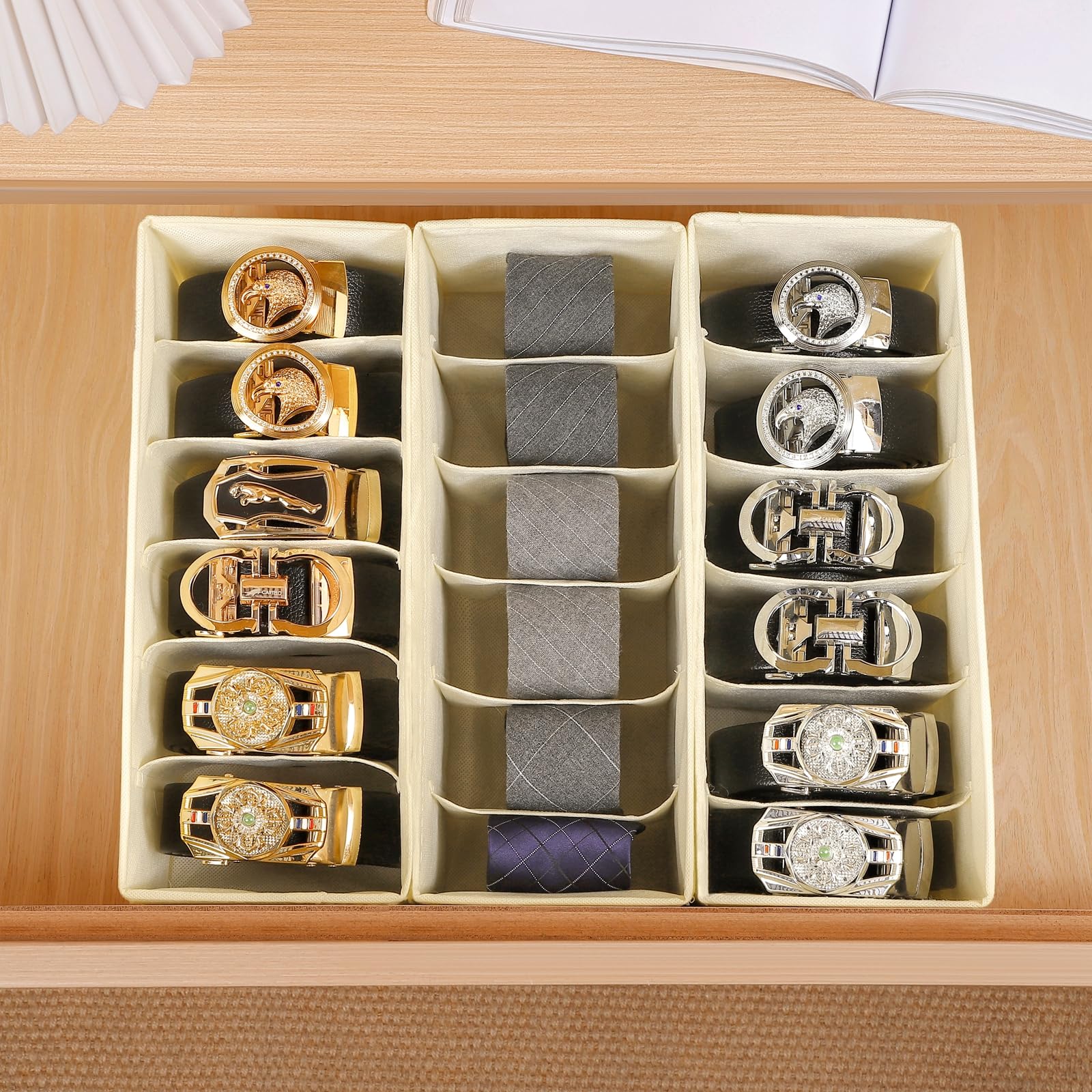 3-Pack Fabric Belt Organizer with 6 Grids - Foldable Closet & Drawer Storage for Belts, Ties, Scarves - Space Saving Dresser Organizer (Beige) | Perfect for Home, Office & Travel Organization