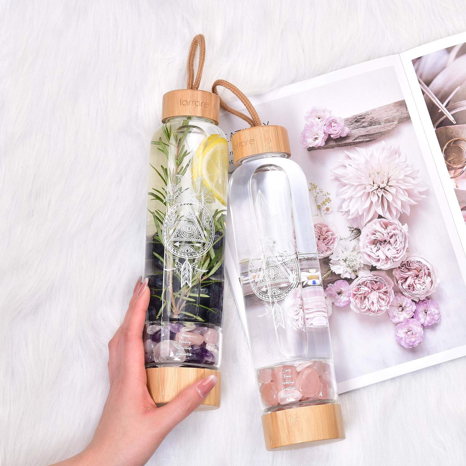 19oz Crystal Water Bottle with Gemstones - Rose Quartz for Energy & Hydration at Home/Office