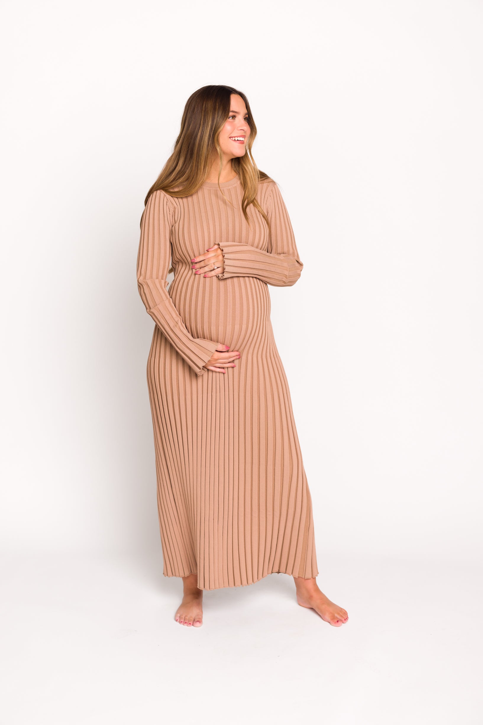 Colette Premium Long Sleeved Ribbed Knit Maxi Dress in Dark Natural - Bump Friendly Maternity Dress for Pregnancy, Nursing & Postpartum | Elegant & Comfortable for Work, Date Night & Special Occasions