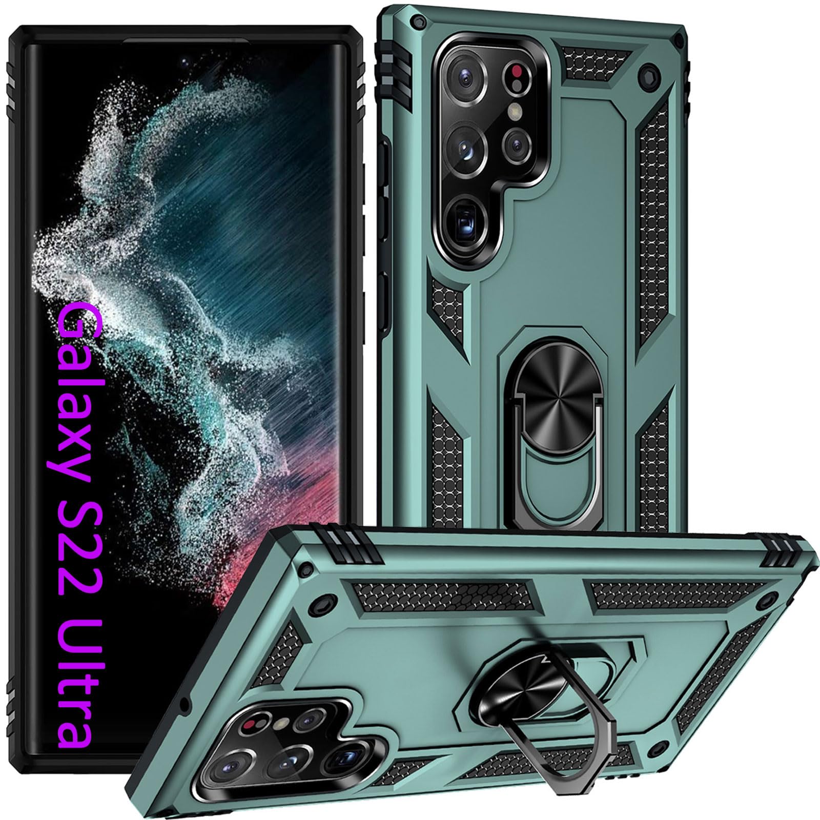Military Grade Heavy Duty Samsung Galaxy S22 Ultra Case with Stand Ring & Magnetic Car Mount - Shockproof Protective Phone Cover for Samsung S22 Ultra (Teal) - Perfect for Outdoor Activities, Travel & Daily Use