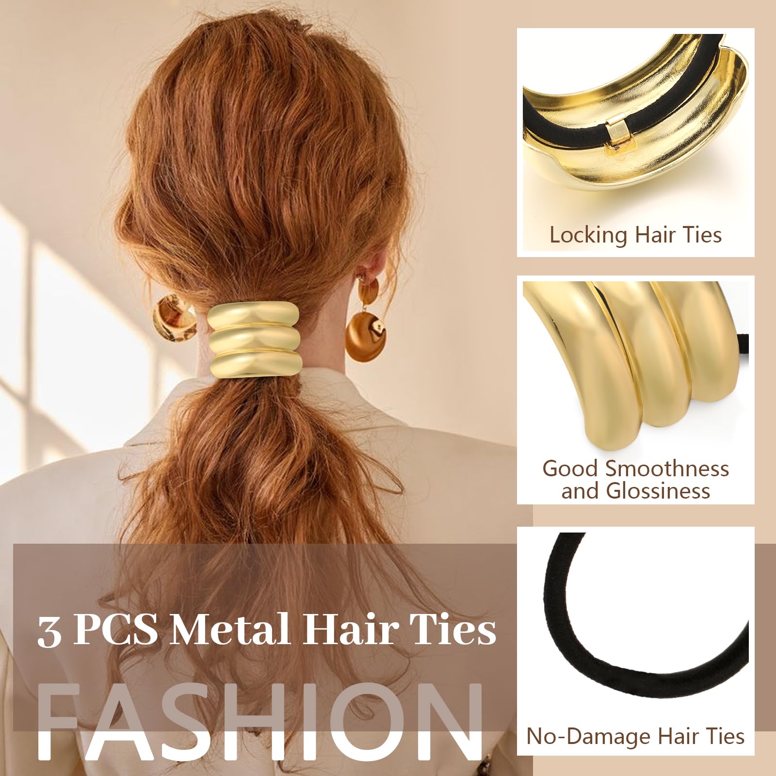 4PCS Gold Metal Hair Ties for Thick Hair - No Damage Geometric Hair Accessories for Women, Elastic Ponytail Holders - Perfect for Holiday Gifts, Parties, Weddings & Everyday Styling