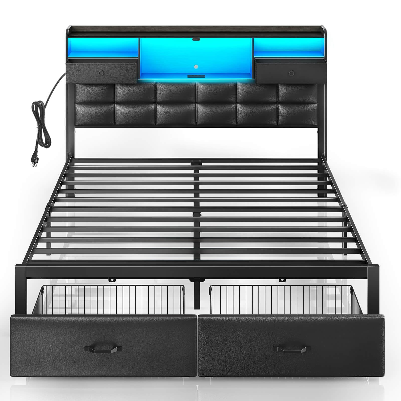 Rolanstar Full Size Upholstered Platform Bed Frame with Storage Drawers, USB Charging Station & LED Headboard - Heavy Duty Metal Frame, No Box Spring Needed, Noise Free, Black - Perfect for Small Bedrooms, Guest Rooms & Modern Apartments