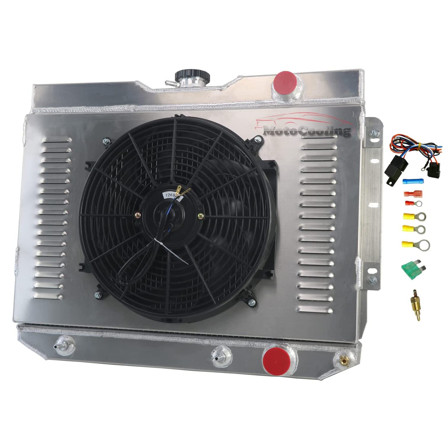 62MM 4-Row Aluminum Radiator Replacement for 1959-1965 Chevy Impala, El Camino, Bel Air, Biscayne - Includes Electric Fan Shroud & Thermostat Kit | High-Performance Cooling for Classic Car Restoration & Hot Rod Upgrades