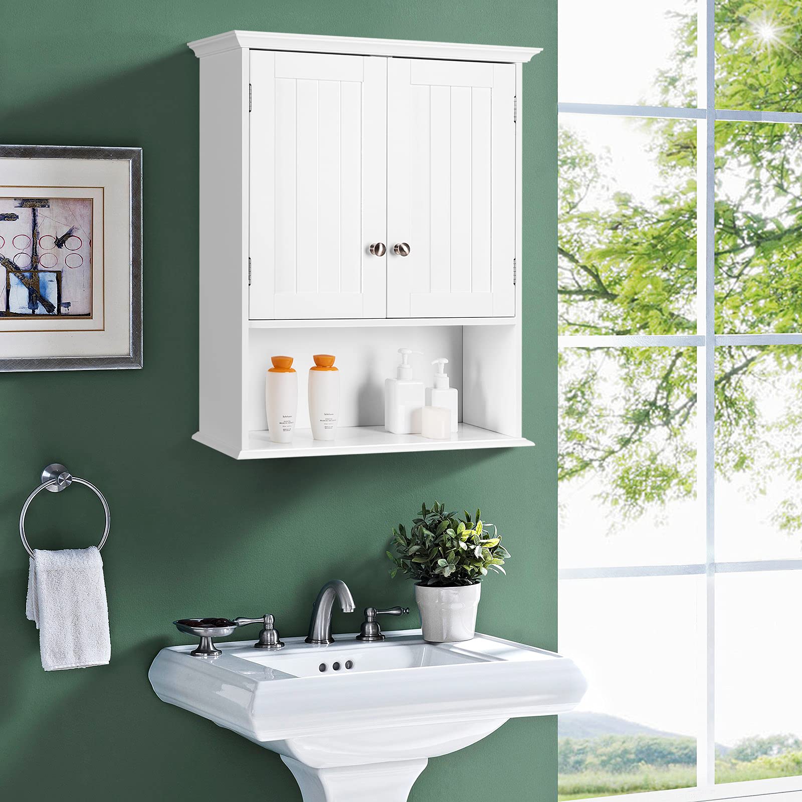 Tangkula Wall Mounted Bathroom Storage Cabinet - Wooden Hanging Medicine Cabinet with Doors & Shelves for Bathroom, Kitchen, Living Room Organization | Perfect for Small Spaces, Apartment Storage & Home Decor