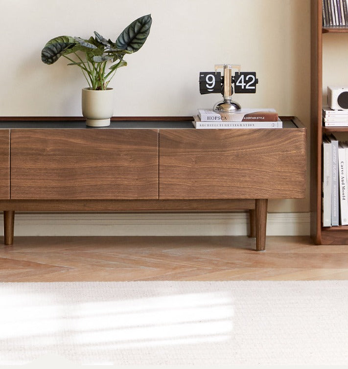 Modern Black Walnut Solid Wood TV Stand with Slate Top - Perfect for Living Room, Home Theater & Entertainment Center Storage