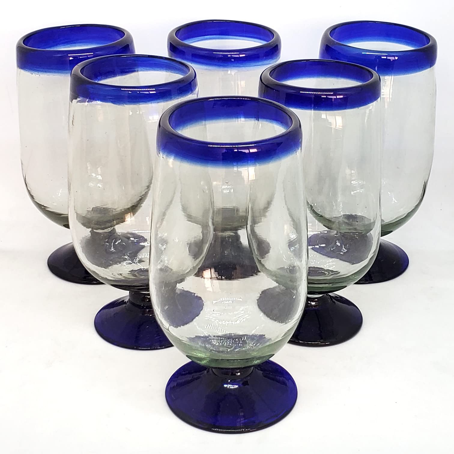 Elegant Cobalt Blue Rim 17 oz Tall Water Goblets Set of 6 - Recycled Lead-Free Glass Cups for Wine, Juice & Cocktails - Perfect for Dinner Parties, Weddings & Home Decor