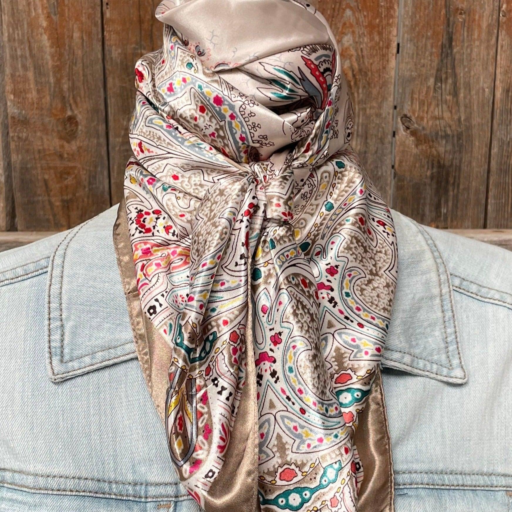 35X35 Tan Floral Wild Rag Scarf WR3421 - Stylish Bandana for Cowboy, Cowgirl, Outdoor & Western Fashion Accessories