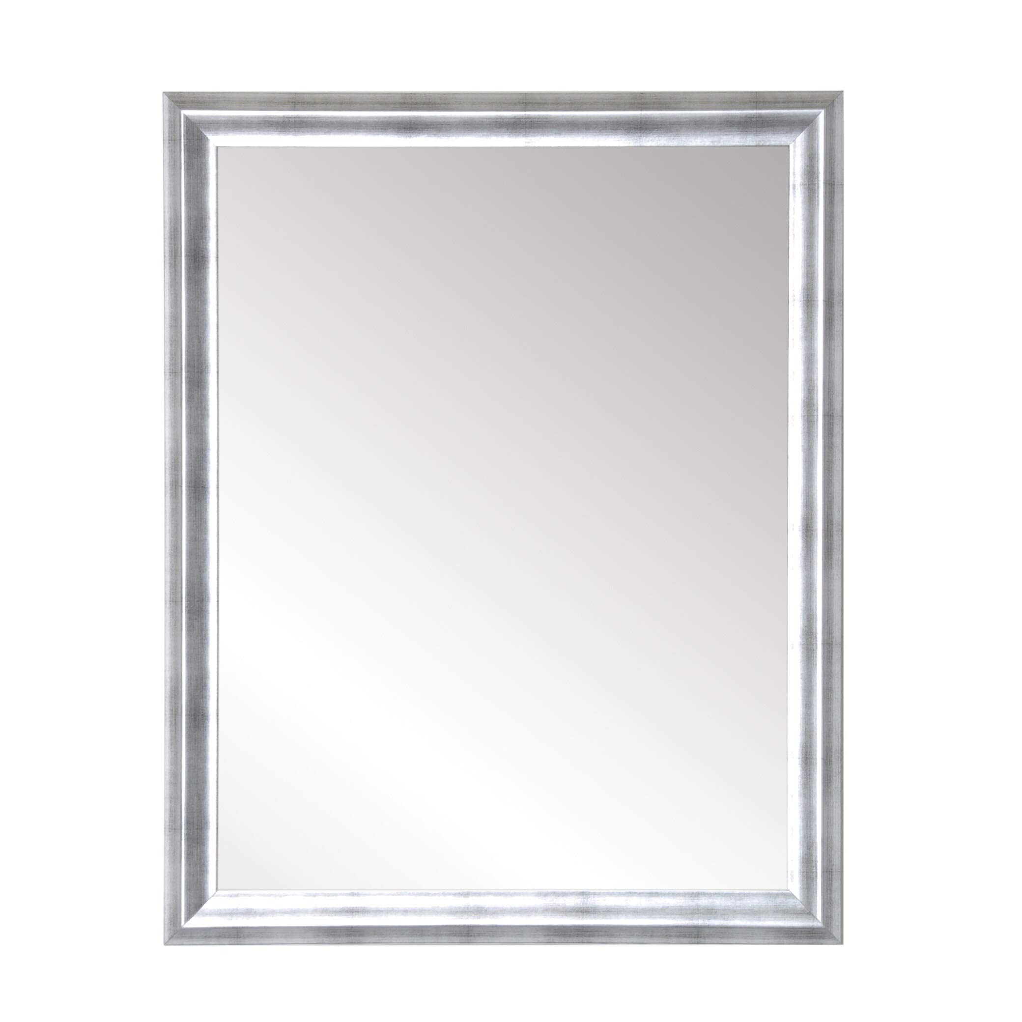 BrandtWorks Modern Brushed Silver Wall Mirror 31x35 Inches - Elegant Bathroom Vanity Mirror, Bedroom Decor & Entryway Accent Piece