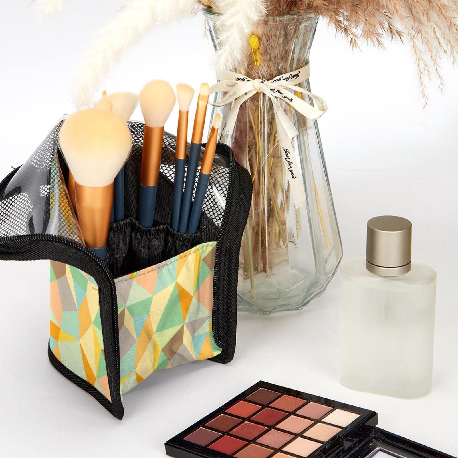 Rainbow Geometric Makeup Brush Organizer Bag with 12 Slots - Portable Travel Cosmetic Brush Holder Case for Professional Makeup Artists & Beginners - Perfect for Home, Travel, and Salon Use