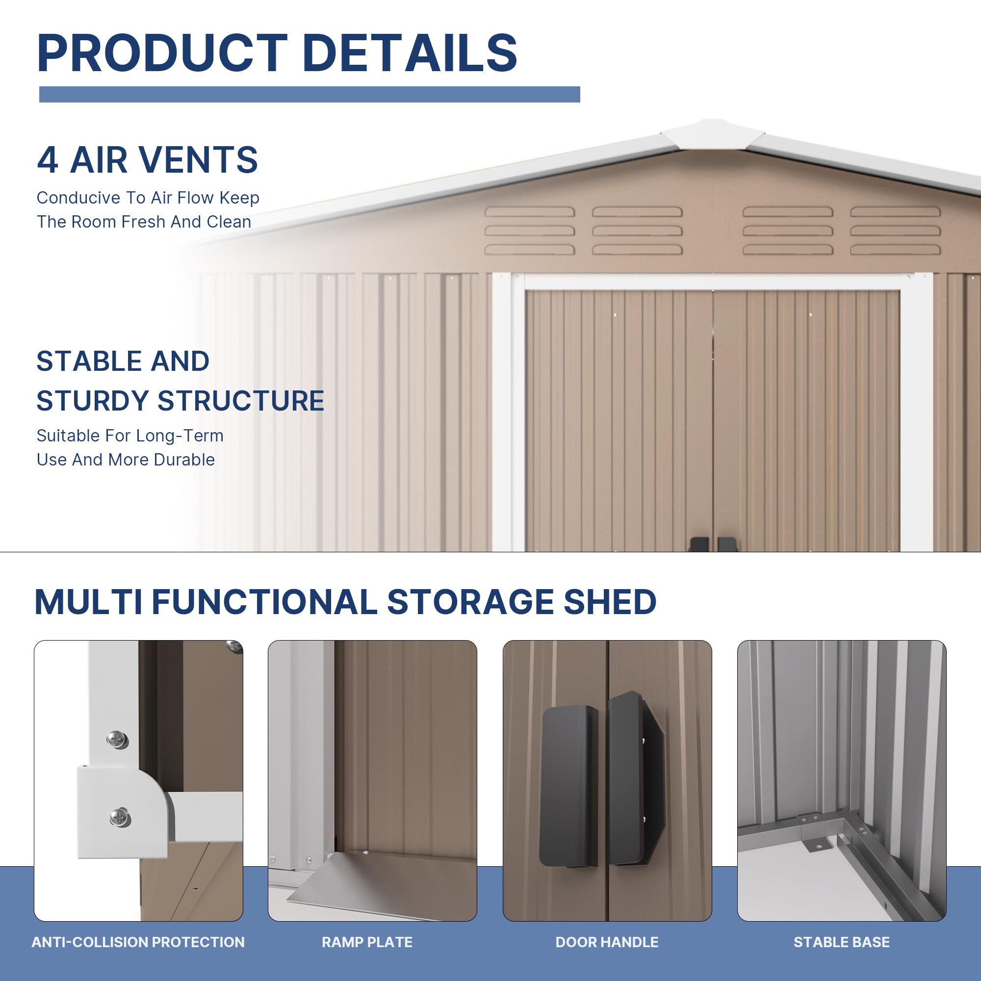 Kullavik 8FT x 6FT Waterproof Metal Outdoor Storage Shed with Lockable Sliding Door & Air Vents - Heavy Duty Garden Shed for Patio, Lawn, Backyard, Tools & Equipment Storage | Perfect for Home, Garage & Yard Organization