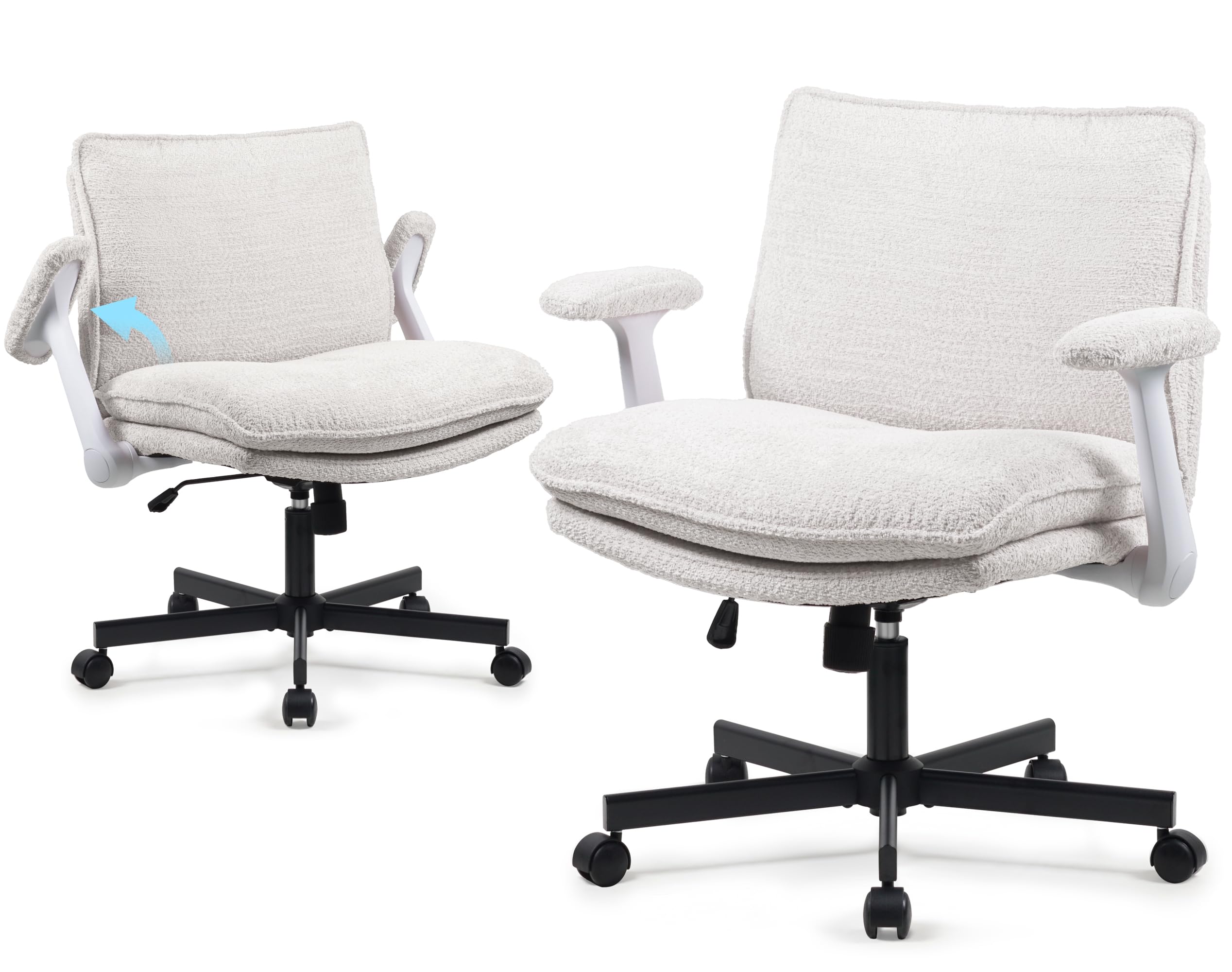 Ergonomic Cross-Legged Office Chair with Wheels & Flip-Up Armrests - Comfortable Upholstered Criss Cross Desk Chair for Home Office, Study, Vanity & Small Spaces - Beige Modern Seat for Working, Reading & Relaxing