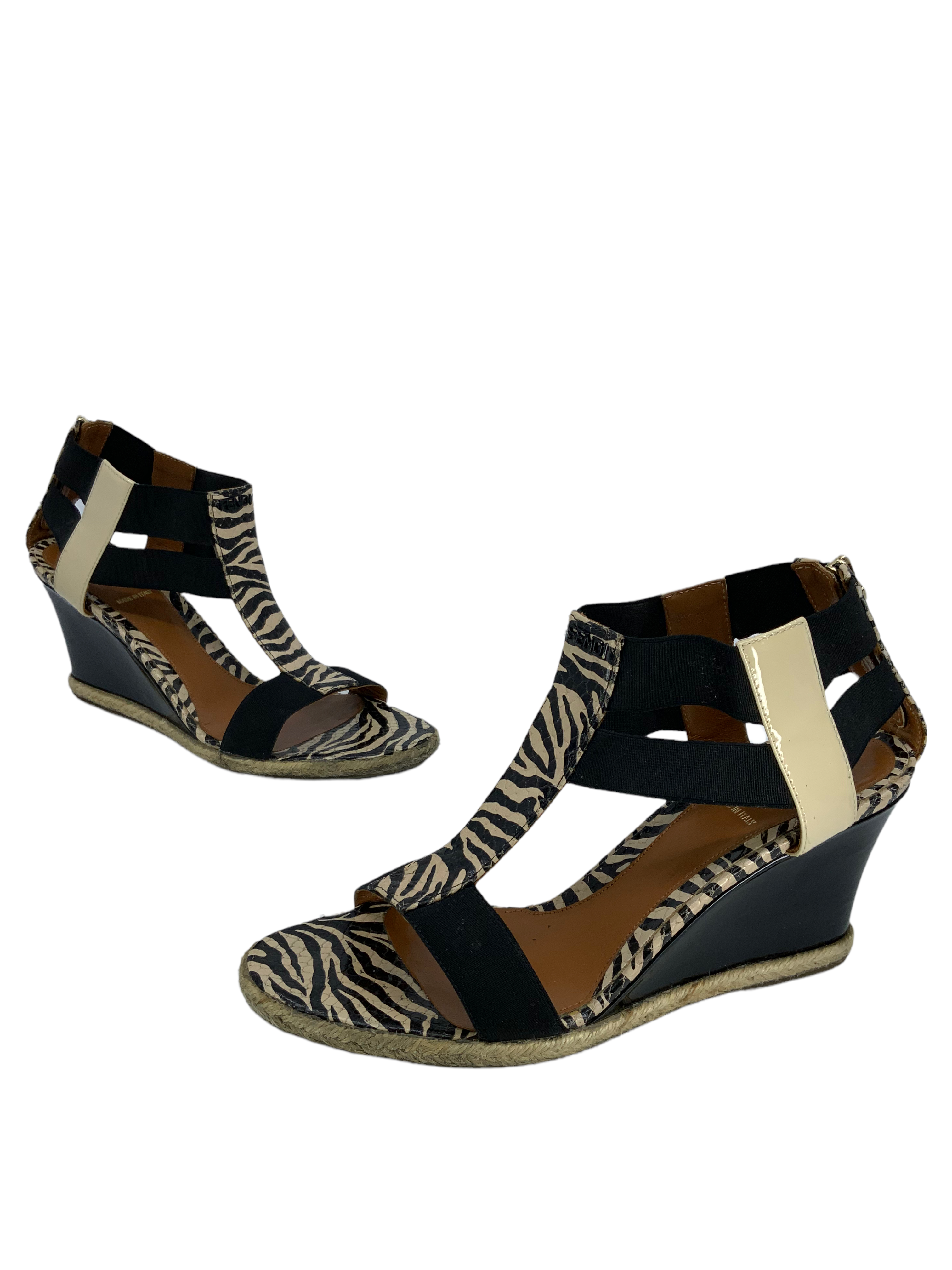 FENDI Carioca Zebra Print Wedge Sandals Women's Size 8 | Luxury Designer High Heels for Parties, Weddings & Night Out