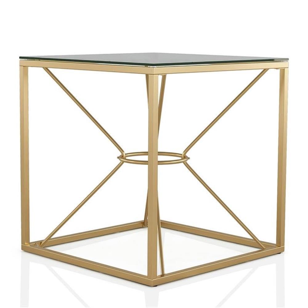Furniture of America Cevelle Contemporary Gold Glass Top End Table - Modern Side Table for Living Room, Bedroom & Office Decor