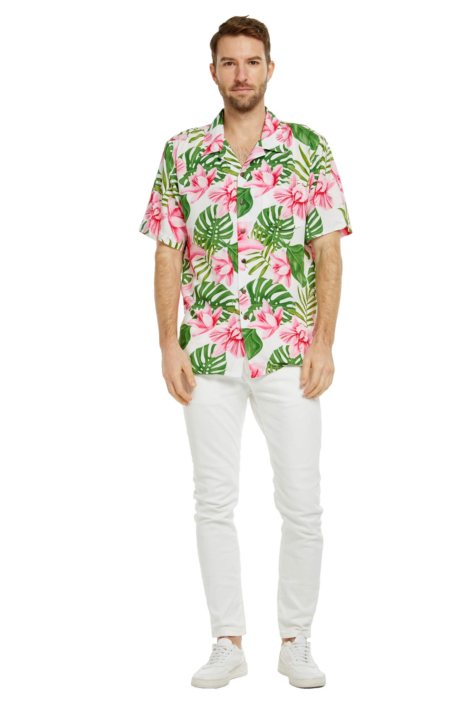 **Matching Couple Hawaiian Luau Aloha Shirts & Maxi Tank Dress - Pink Hibiscus Vine Print - Tropical Vacation, Beach Party, Summer Outfits**
