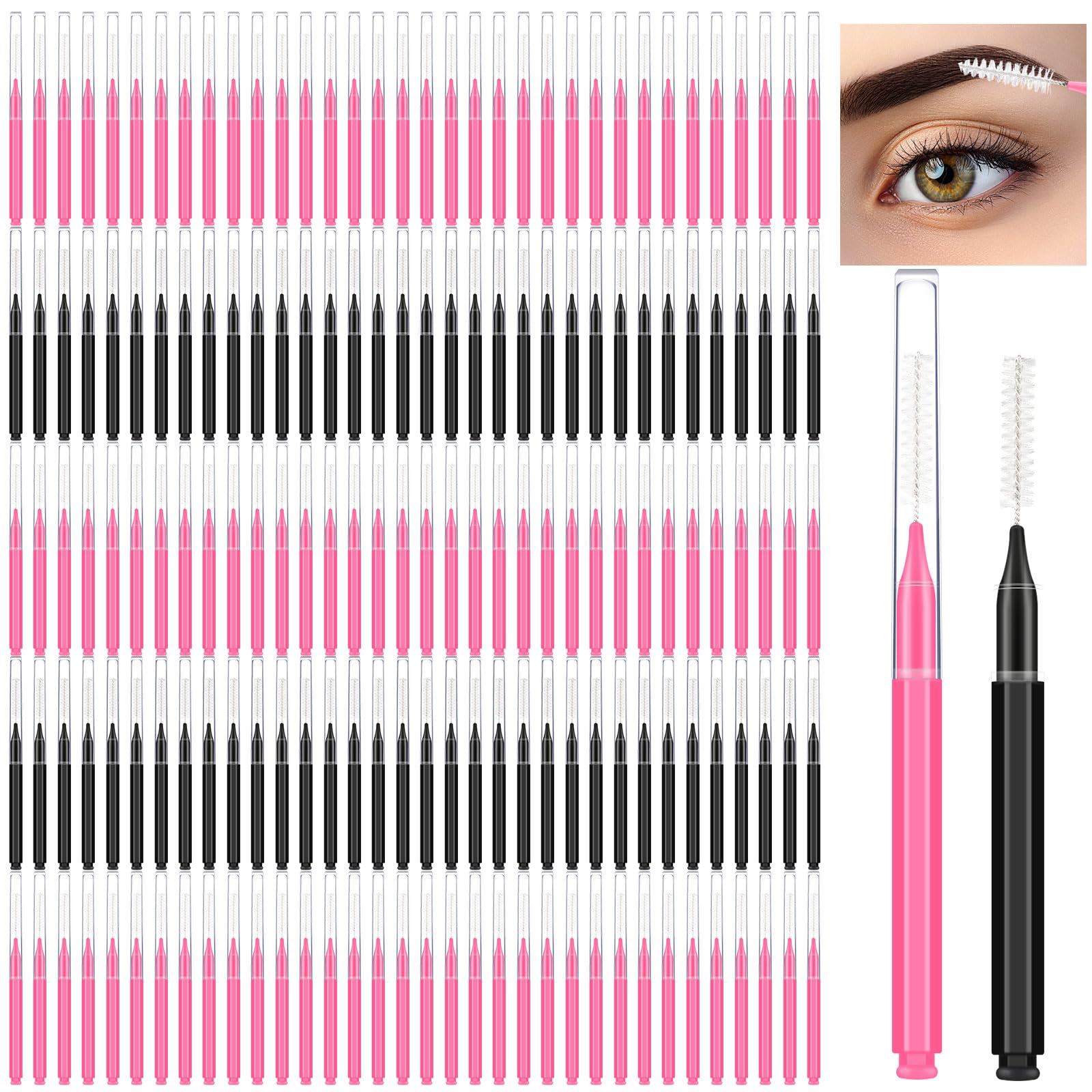 Patelai 150-Piece Micro Eyebrow Brush Set with Cap - Brow Lamination Spoolie Comb & Lift Tools for Eyelash Extensions & Eyebrow Styling (Black, Pink) | Perfect for Salon Professionals & DIY Beauty at Home