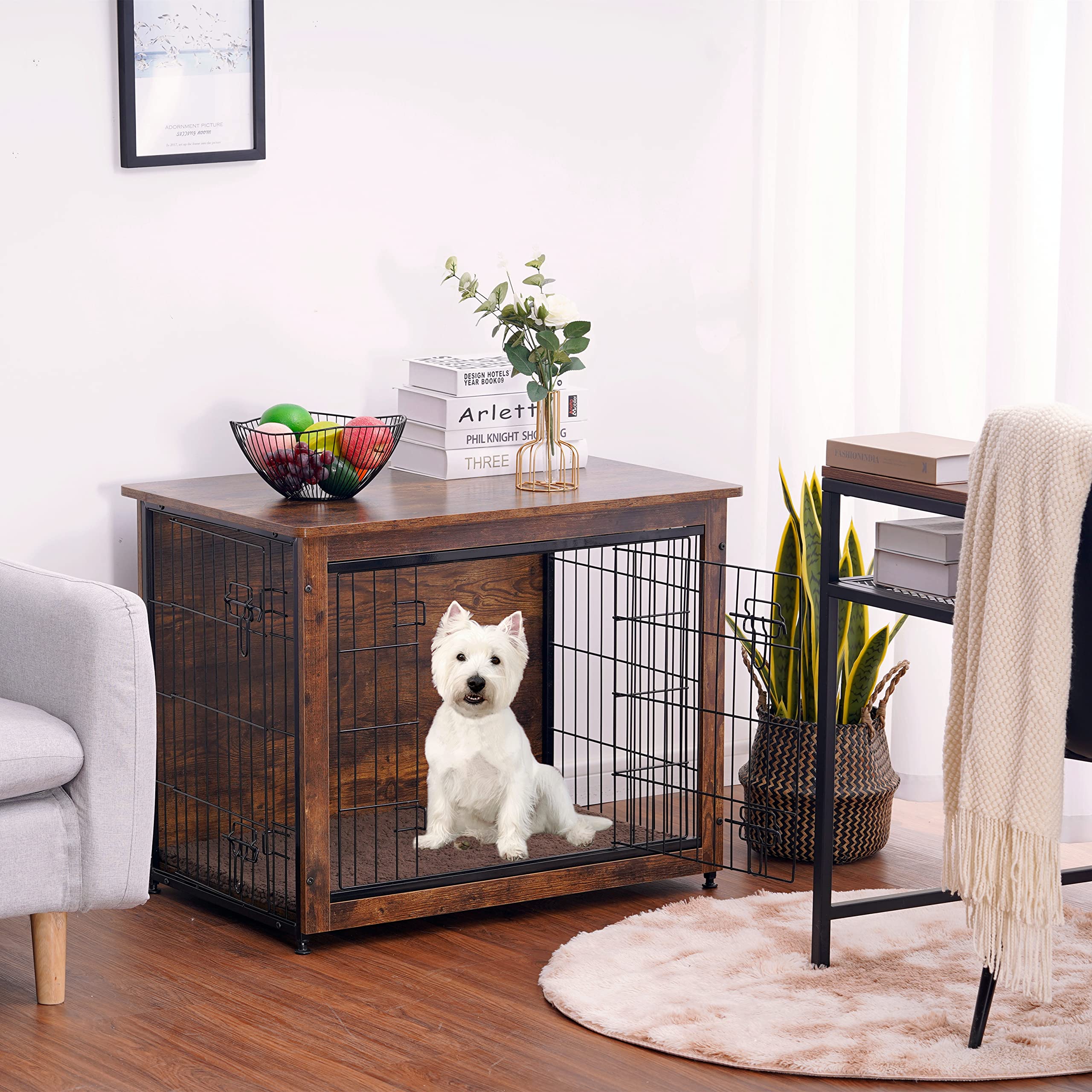 DWANTON Wooden Dog Crate Furniture with Cushion - Double Door Indoor Kennel Table for Small Medium Large & XL Dogs (27.2