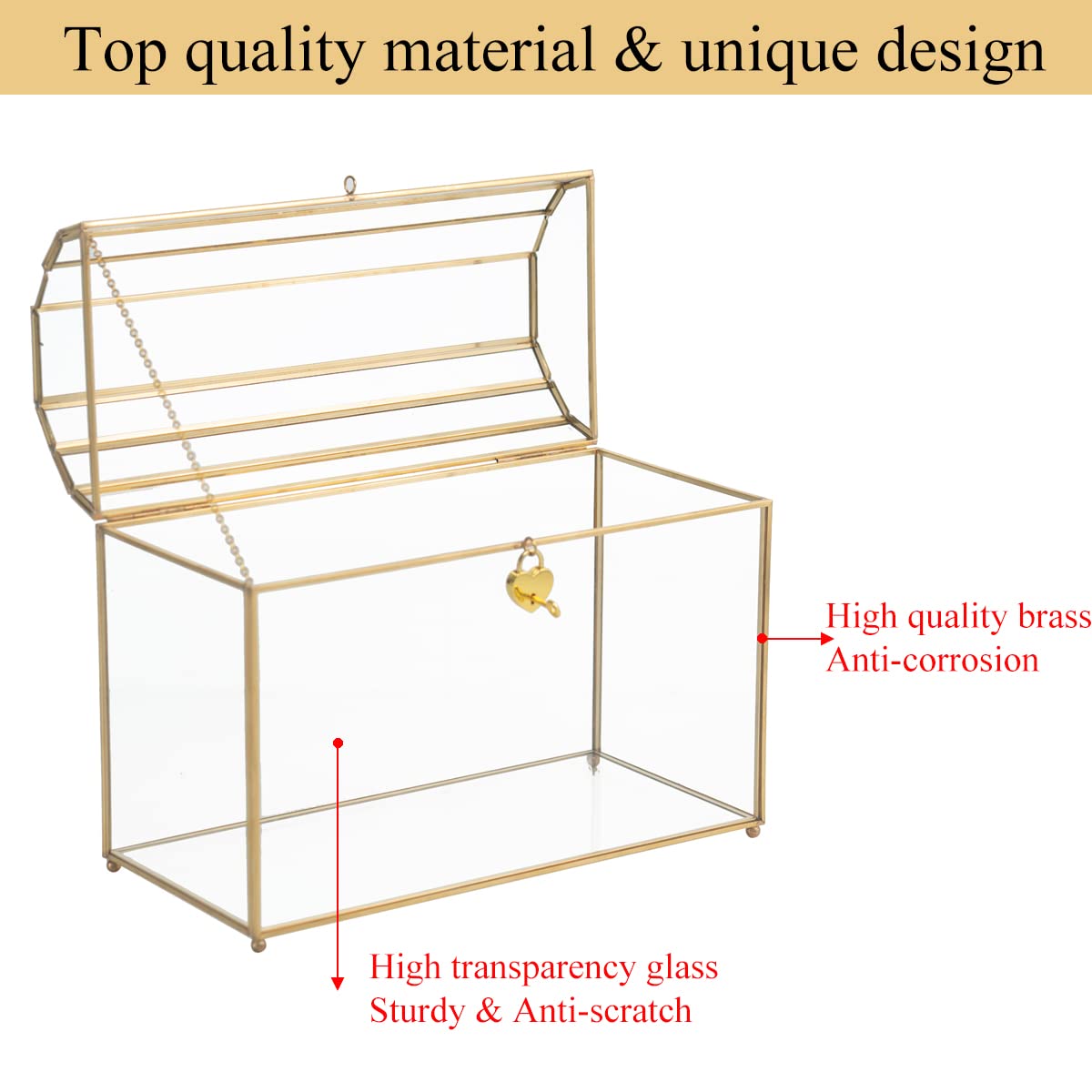 Elegant Gold Wedding Card Box with Slot & Lock - Glass & Brass Gift Holder for Wedding, Bridal Shower, Baby Shower - Secure Money & Envelope Storage for Reception Decor