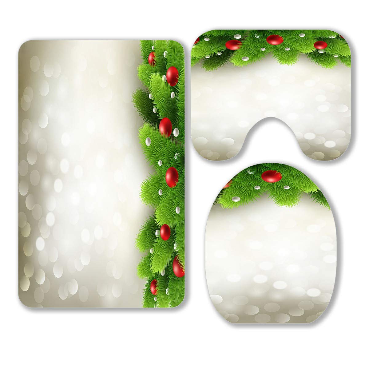 ECZJNT Winter Green Pine Branch Baubles Christmas Tree 3-Piece Bathroom Rug Set - Non-Slip Bath Mat, Contour Mat & Toilet Lid Cover for Holiday Decor & Cozy Bathroom