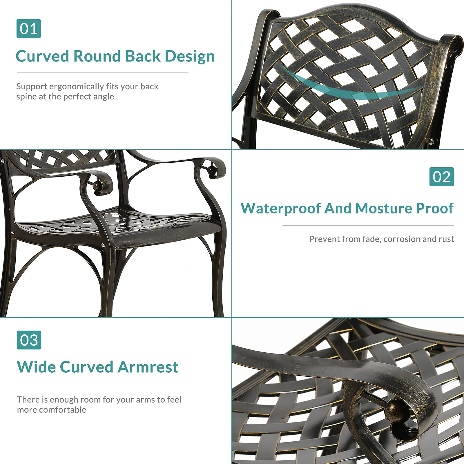 MEETWARM 3-Piece Outdoor Patio Bistro Set - All-Weather Cast Aluminum Dining Table with 2 Chairs & 35.4