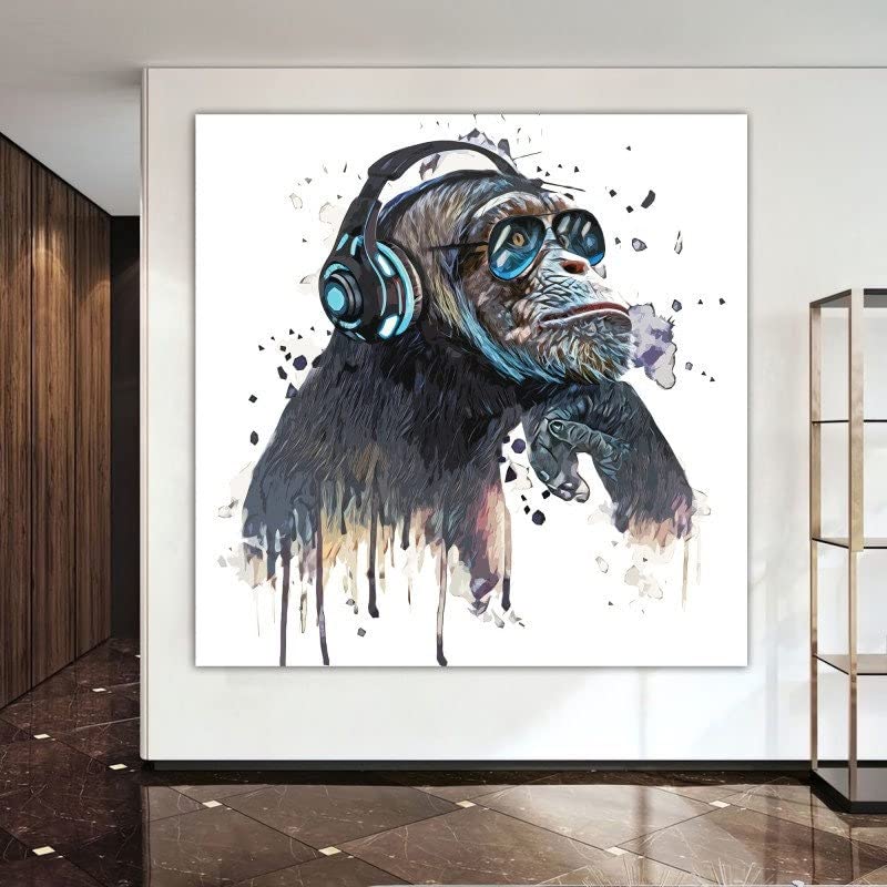 DJ Monkey Canvas Print - Colorful Monkey Listening to Music Wall Art with Blue Glasses, 36