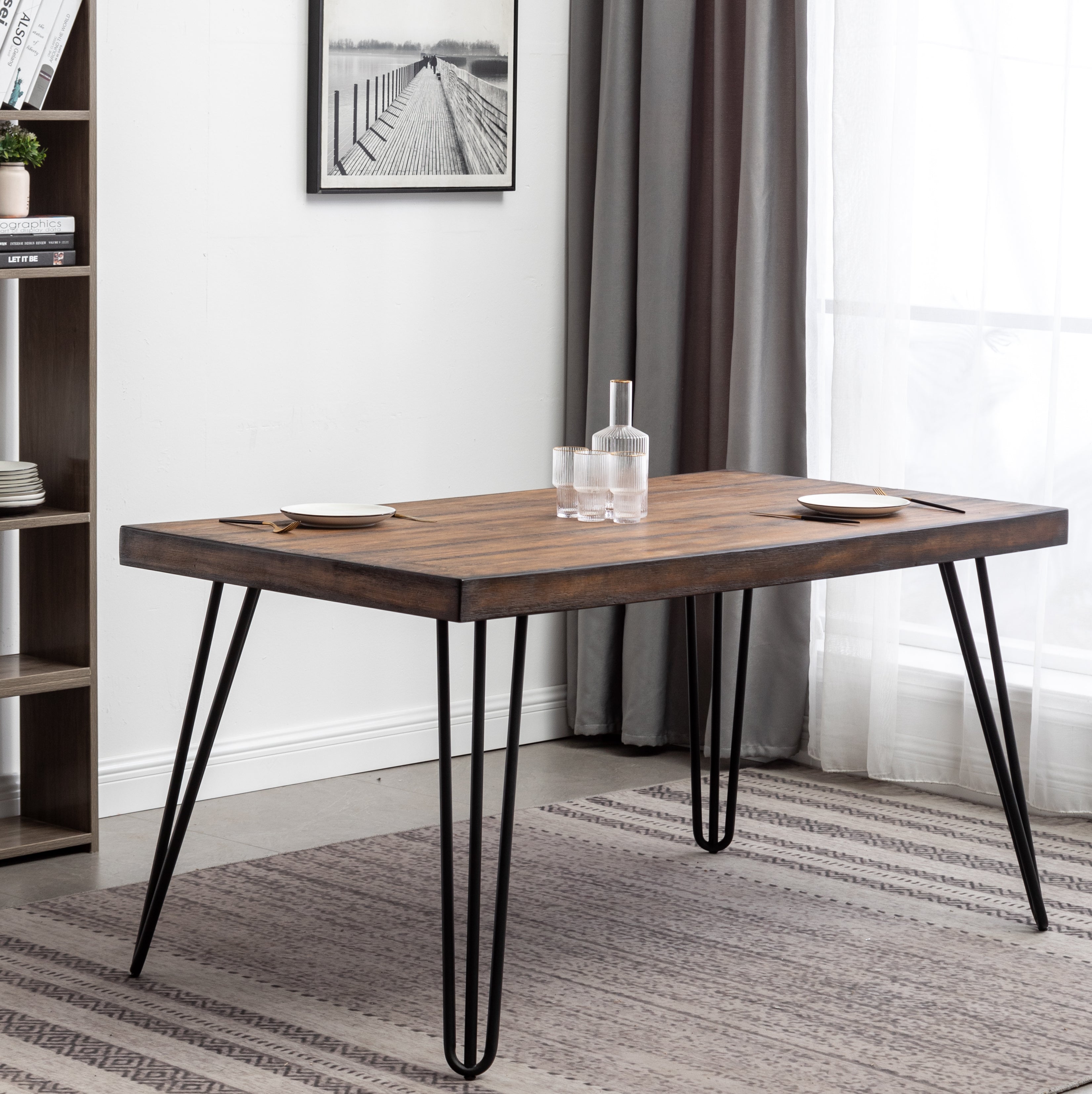 Roundhill Furniture Aryven Industrial Metal Hairpin Leg Dining Table - Rustic Dark Pine Wood - Perfect for Farmhouse, Modern & Vintage Dining Rooms