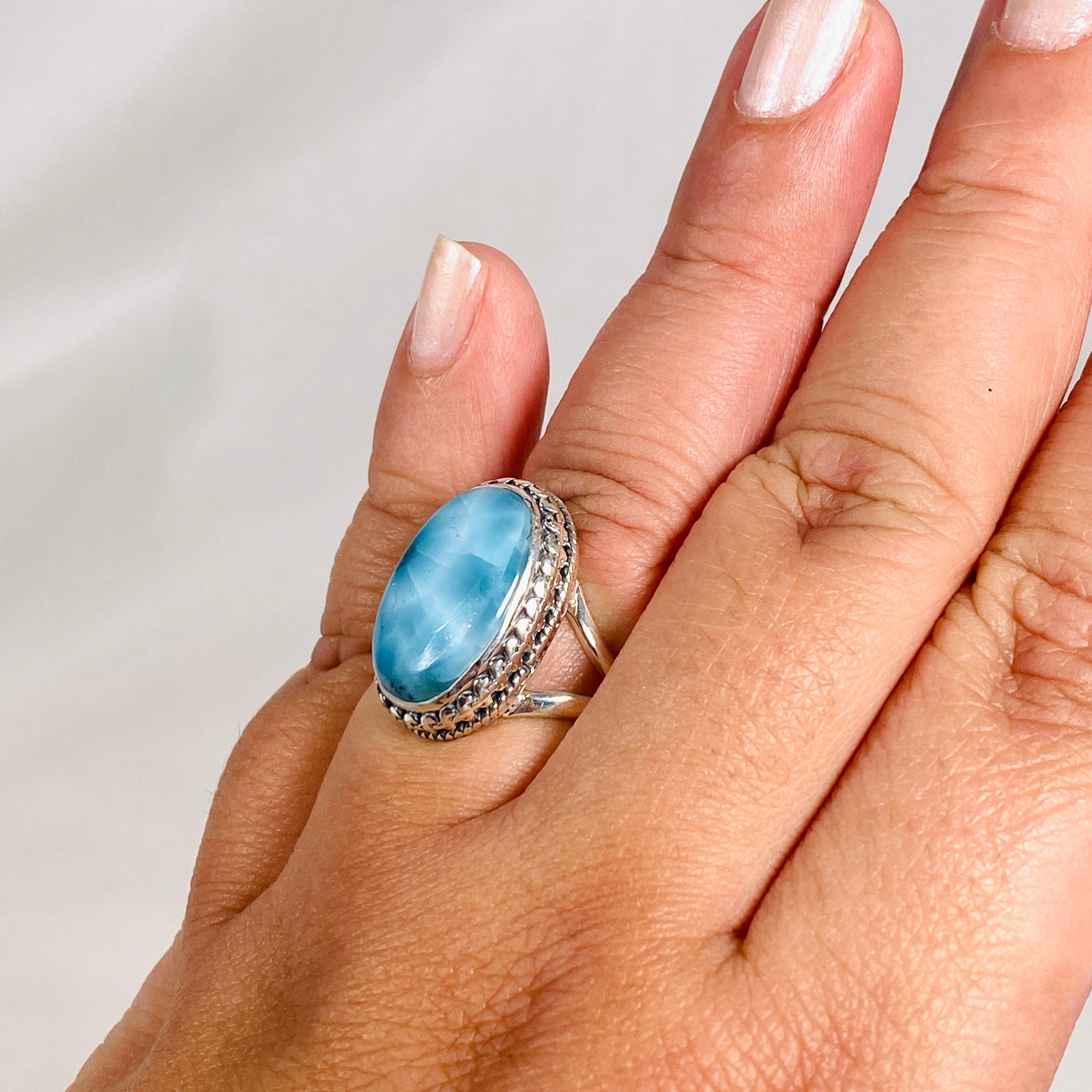 Larimar Sterling Silver Oval Filigree Ring Size 10 - Handmade Blue Gemstone Jewelry for Women, Perfect for Gifts, Weddings & Special Occasions