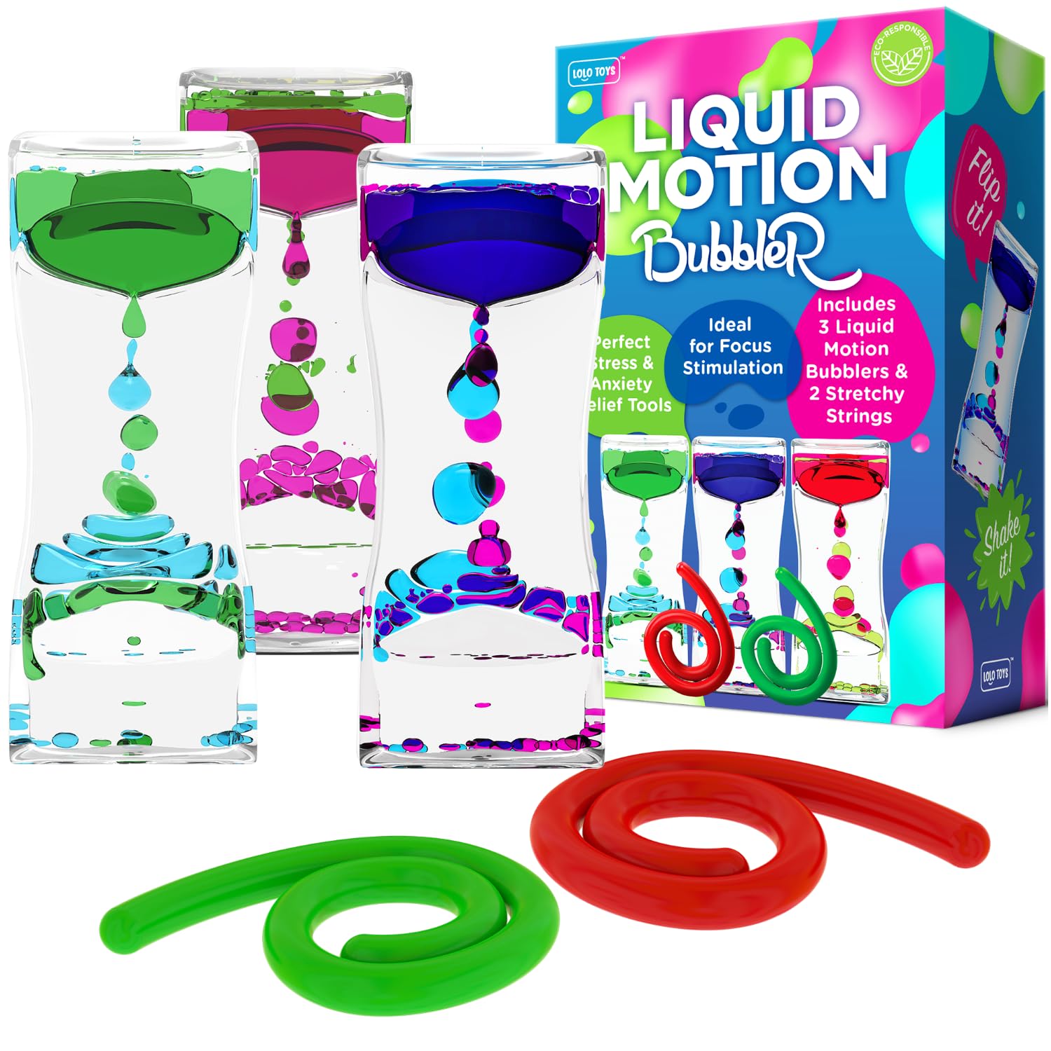 Liquid Motion Bubbler Sensory Toys - 5 Piece Set with Stretchy String Fidget Toys & Timer for Stress & Anxiety Relief - Ideal for ADHD, Autism, ADD - Perfect for Home, Office, Classroom & Therapy Use